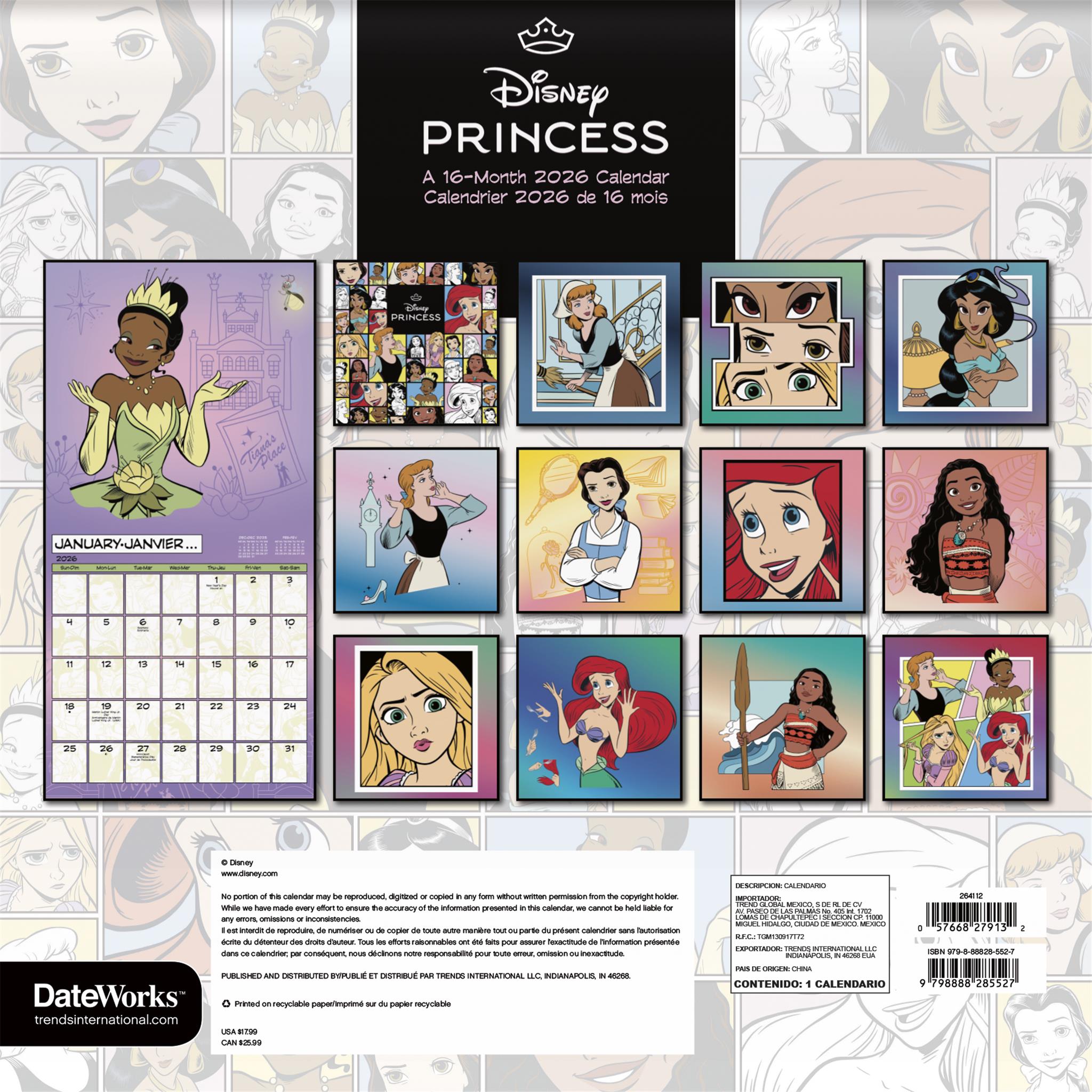 Calendrier mural bilingue Disney Princess 2026