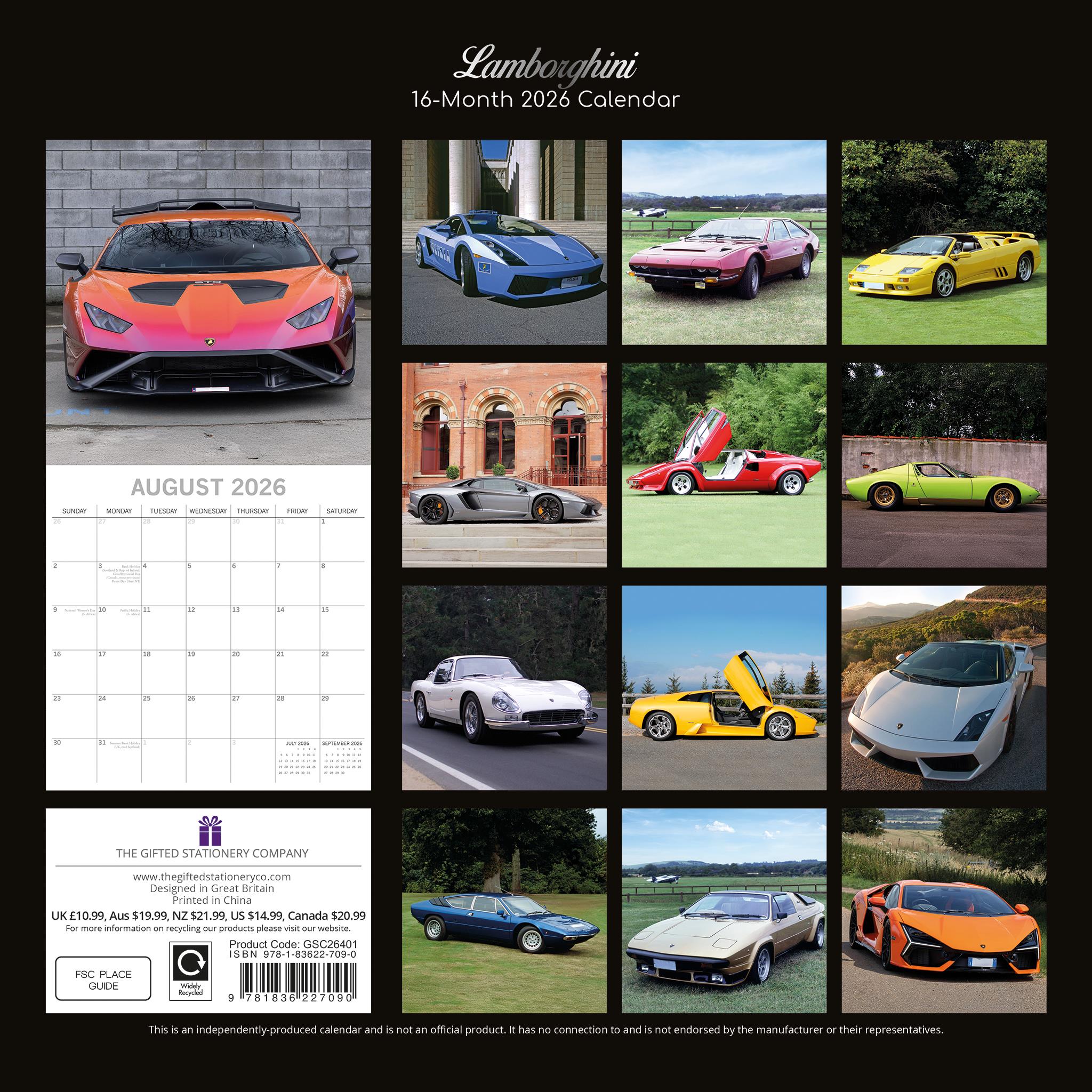 Calendrier mural Lamborghini 2026