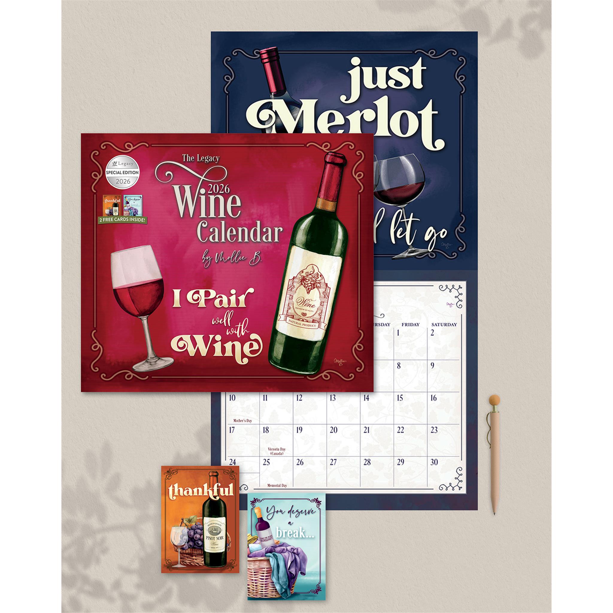 Calendrier mural édition spéciale de luxe Vin 2026 avec cartes