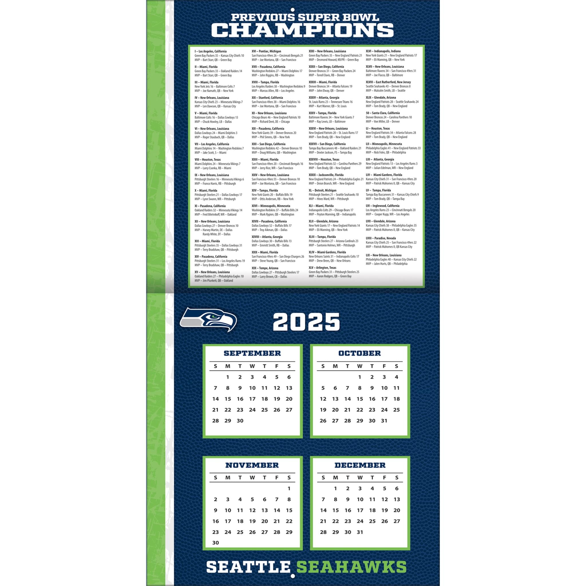 Calendrier mural NFL Seattle Seahawks 2026