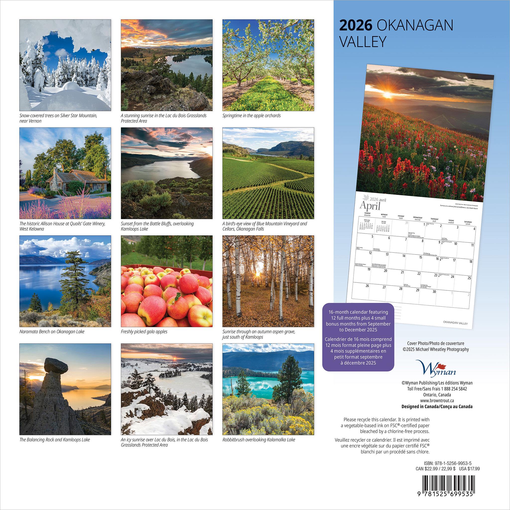 Calendrier mural de la vallée de l'Okanagan 2026