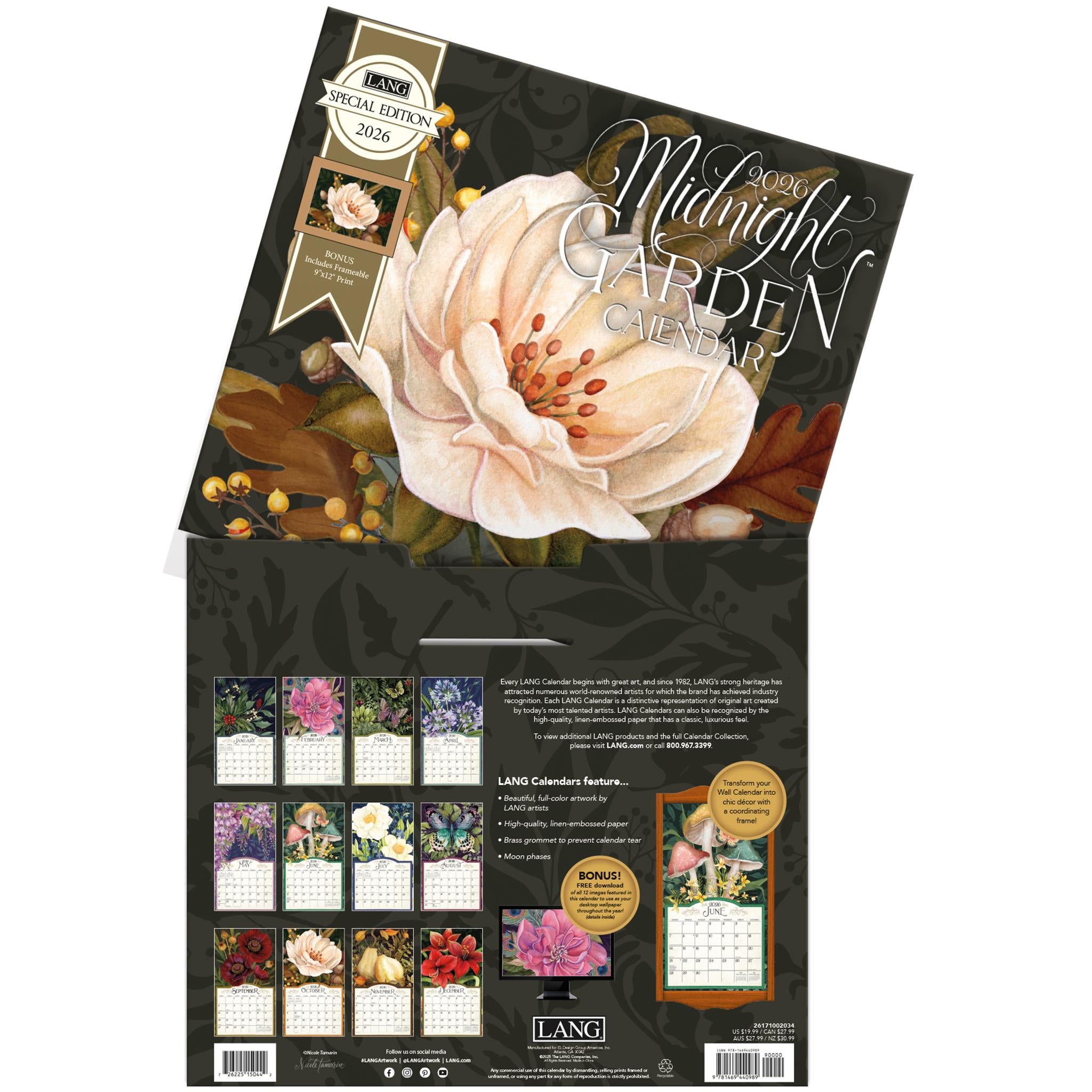 Calendrier mural Midnight Garden 2026 Édition Spéciale avec impression