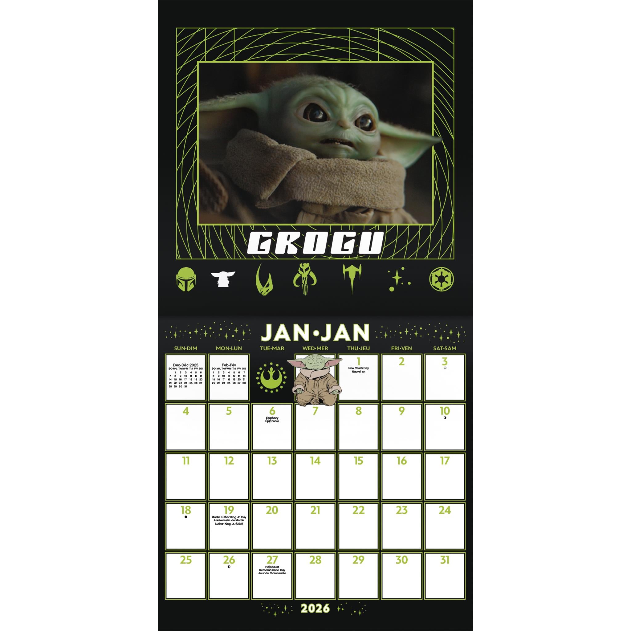 Star Wars Mandalorian Grogu Bilingual 2026 Wall Calendar
