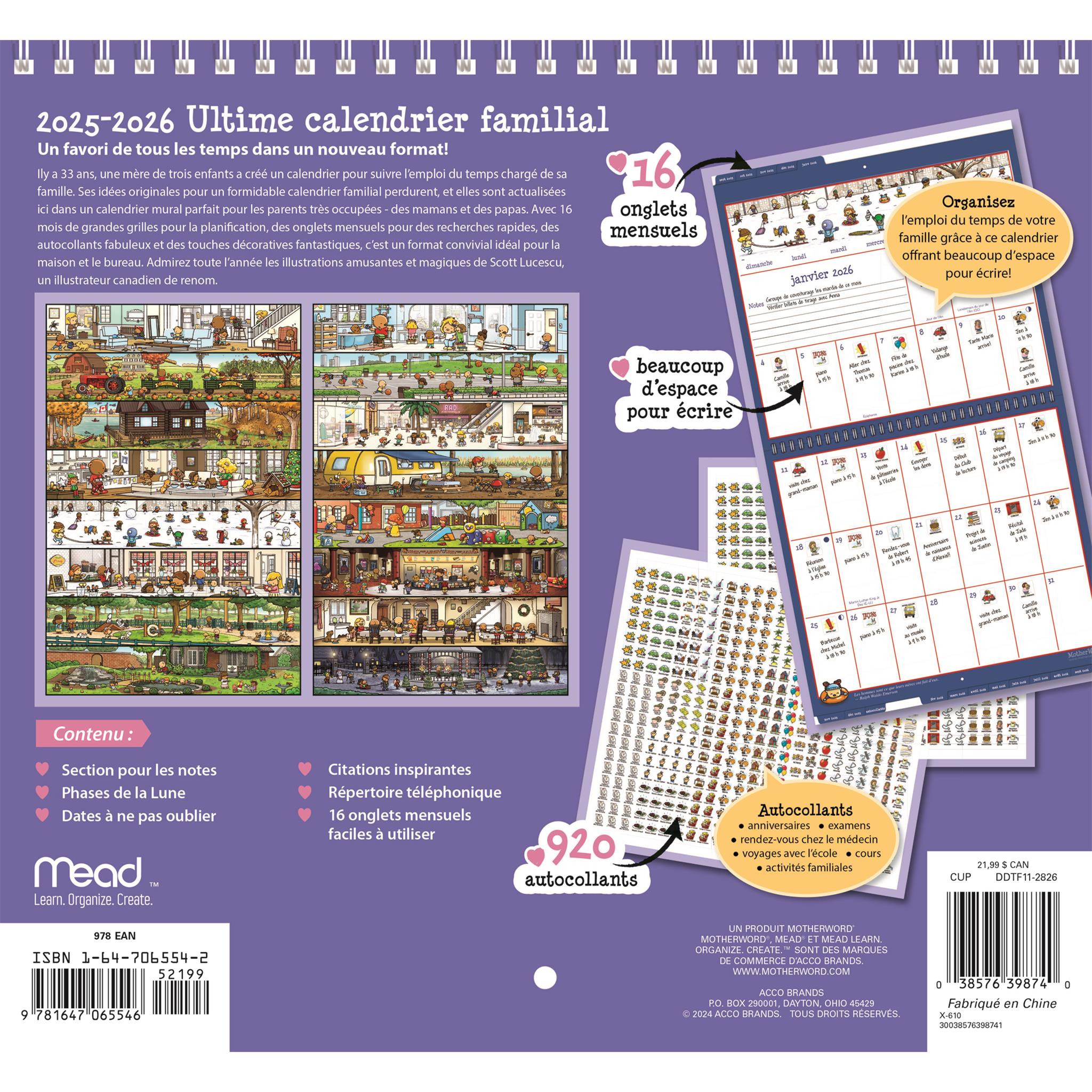 Calendrier mural à onglets Motherword 2025-2026 (français)