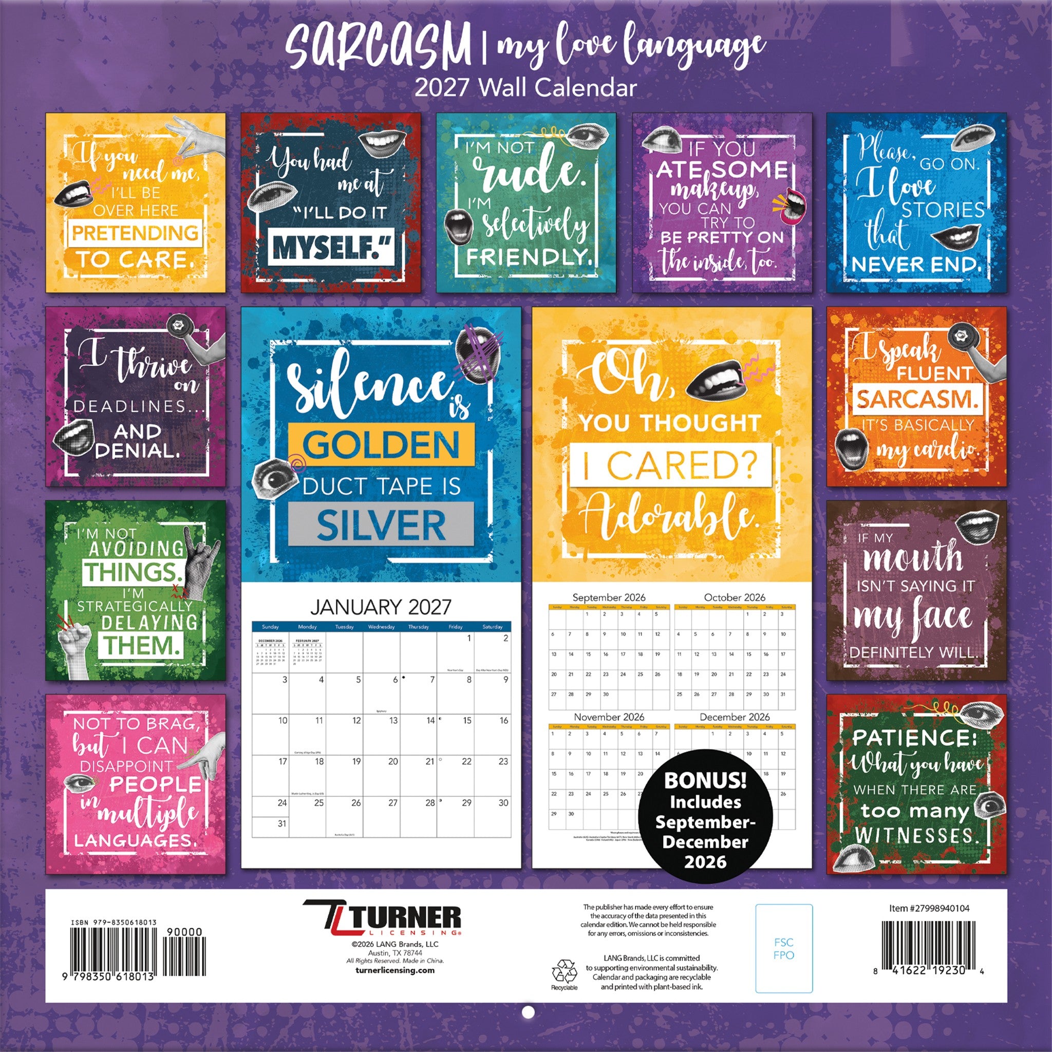 Calendrier mural 2027 « Sarcasm My Love Language » - Exclusivement en ligne