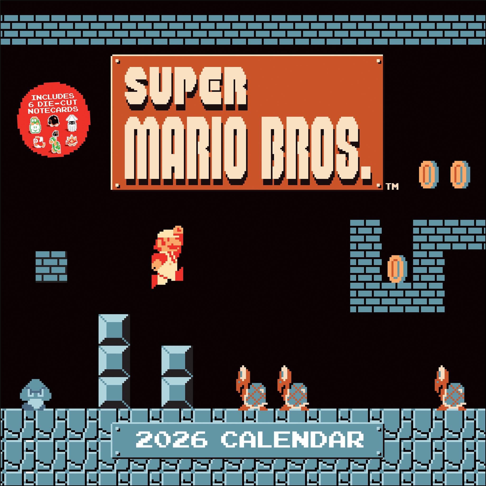 Calendrier mural 2026 Super Mario Bros. rétro 8 bits avec cartes prédécoupées