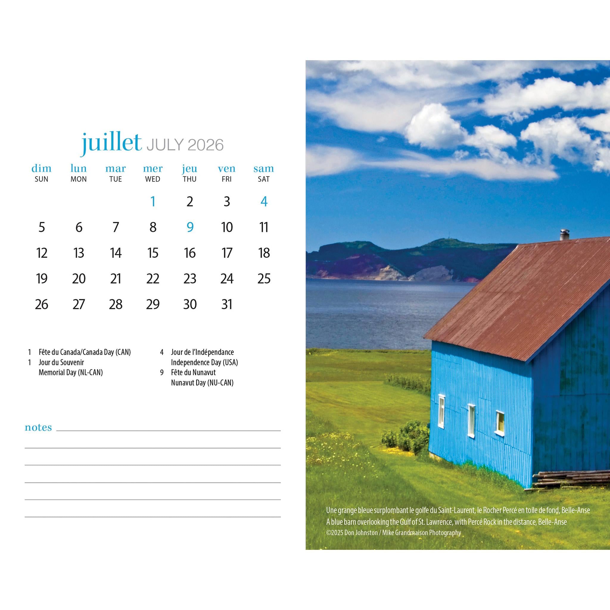 Calendrier chevalet double vue Québec 2026 (français)