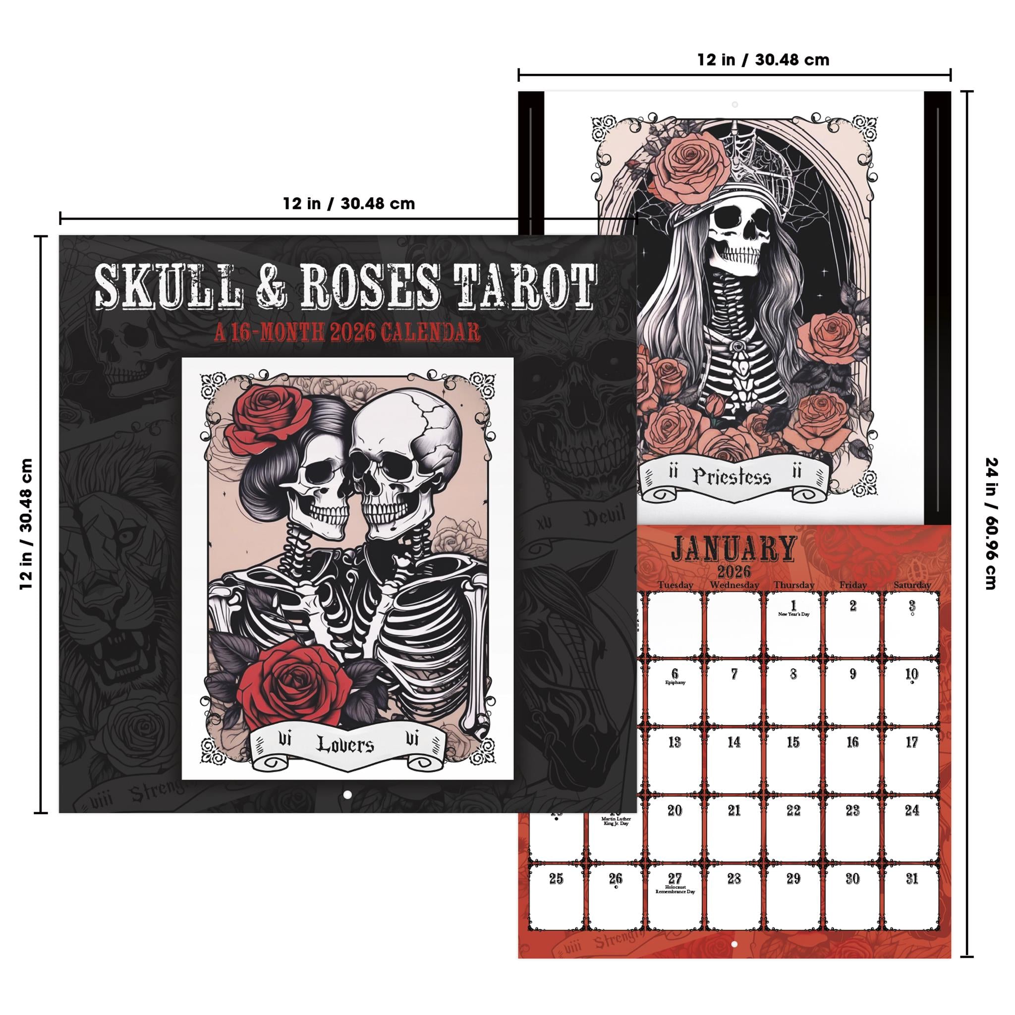 Calendrier mural Tarot - Crânes et Roses 2026 - Disponible uniquement en ligne