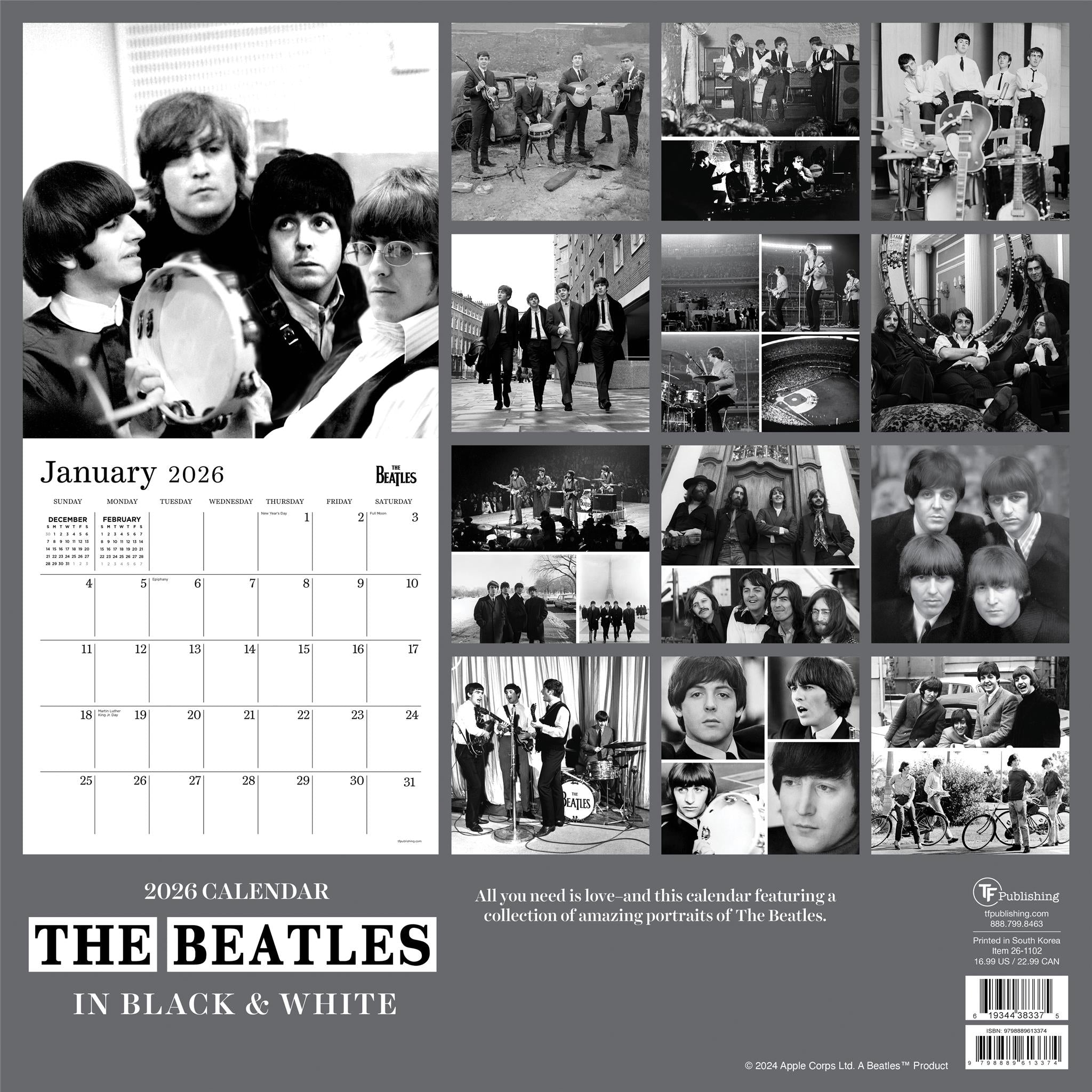 Calendrier mural 2026 des Beatles en noir et blanc - Disponible uniquement en ligne