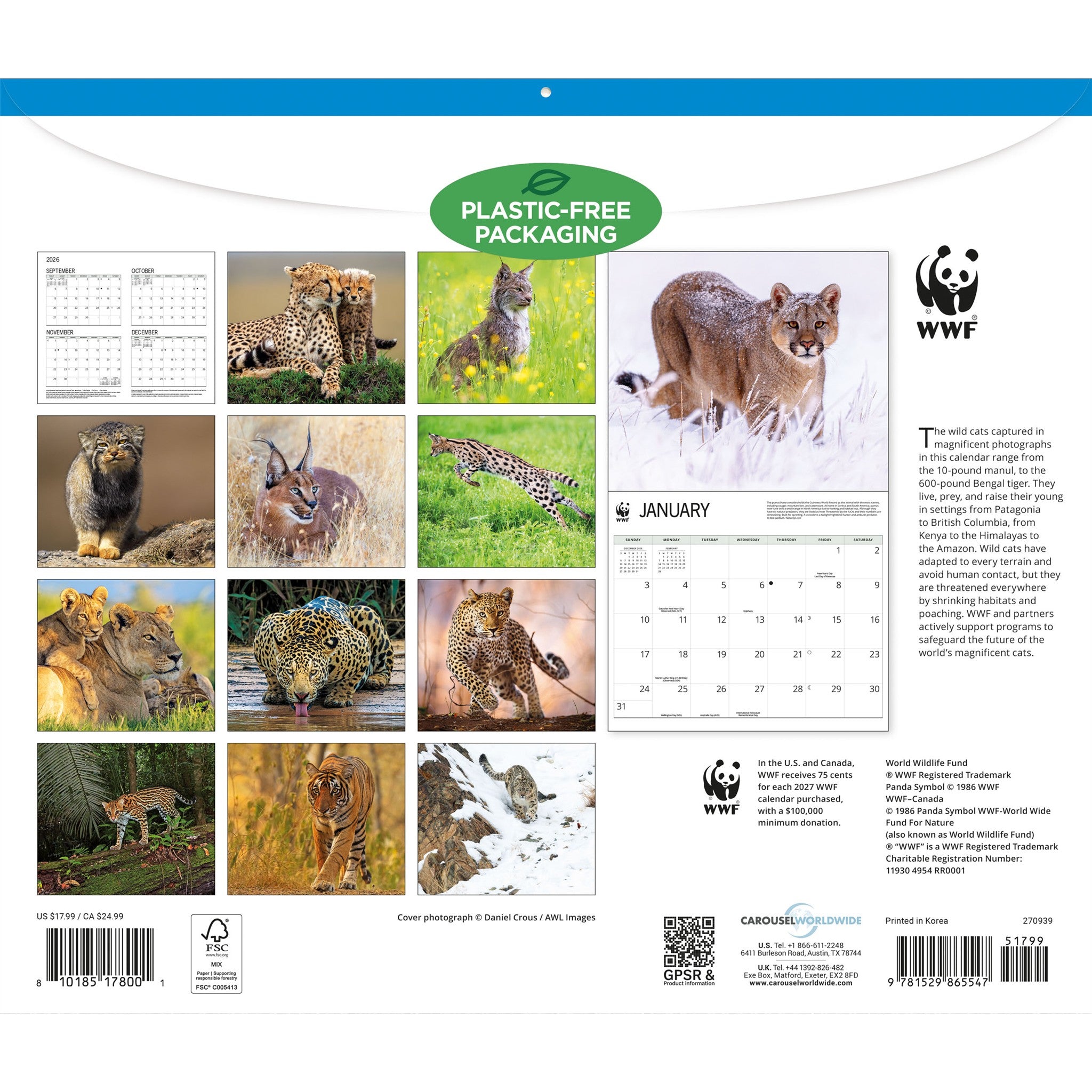 Calendrier mural World Wildlife Fund Chats sauvages 2027
