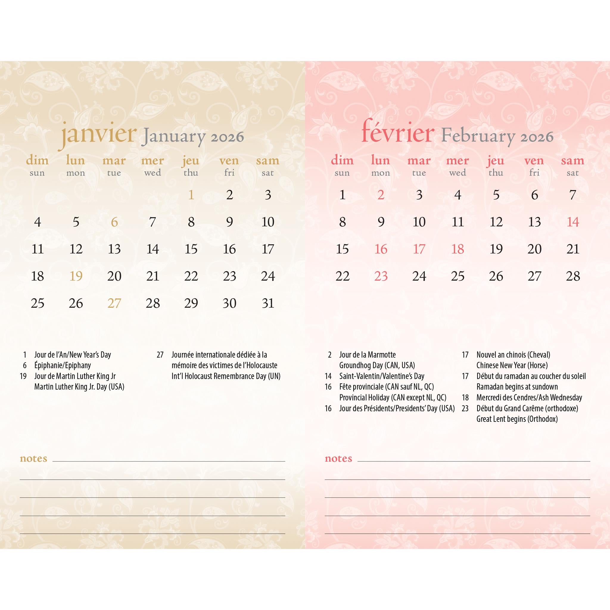 Calendrier chevalet à double vue Motifs 2026 (français)