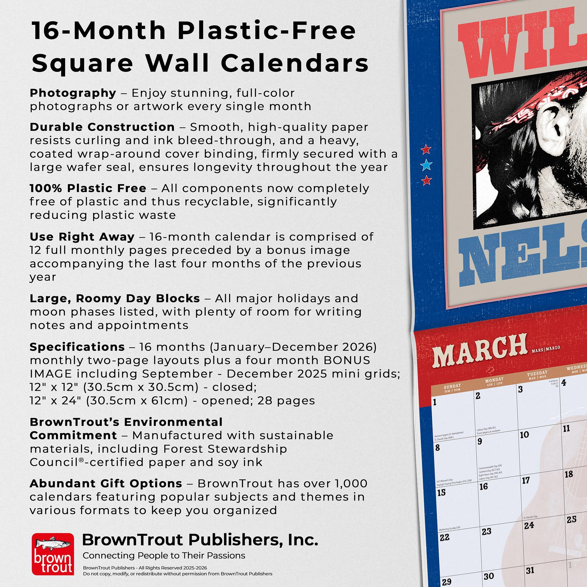 Calendrier mural Willie Nelson 2026 - Disponible uniquement en ligne