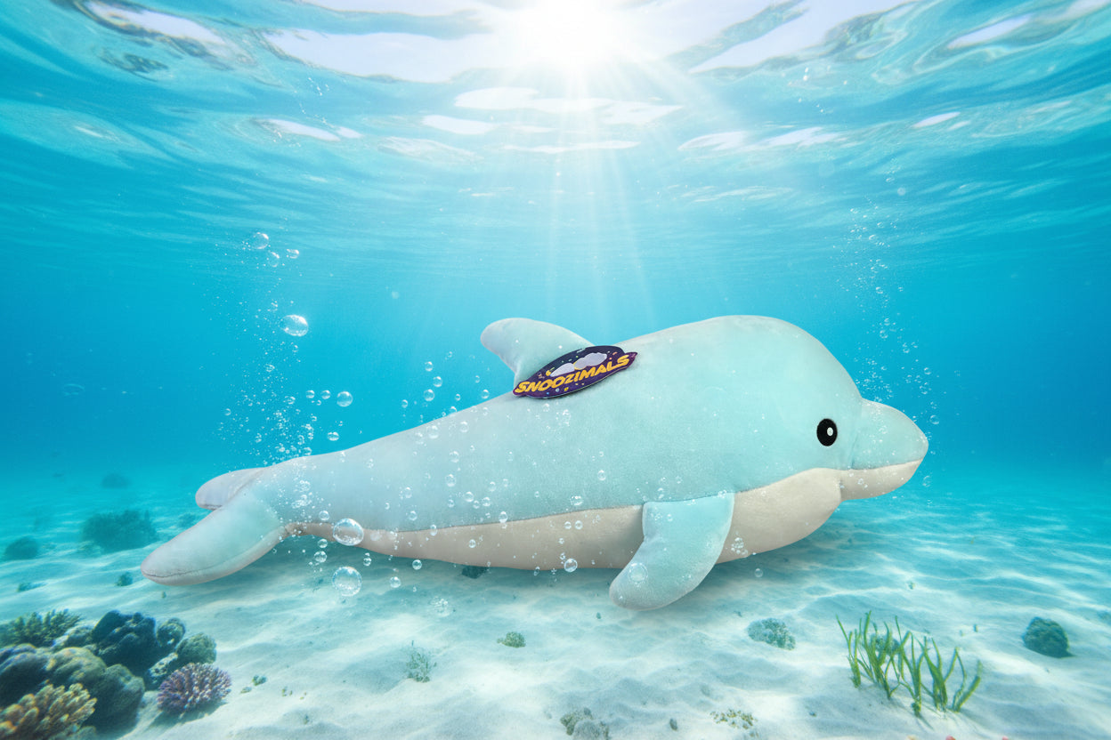 Plush dolphin toy with a brand logo underwater
