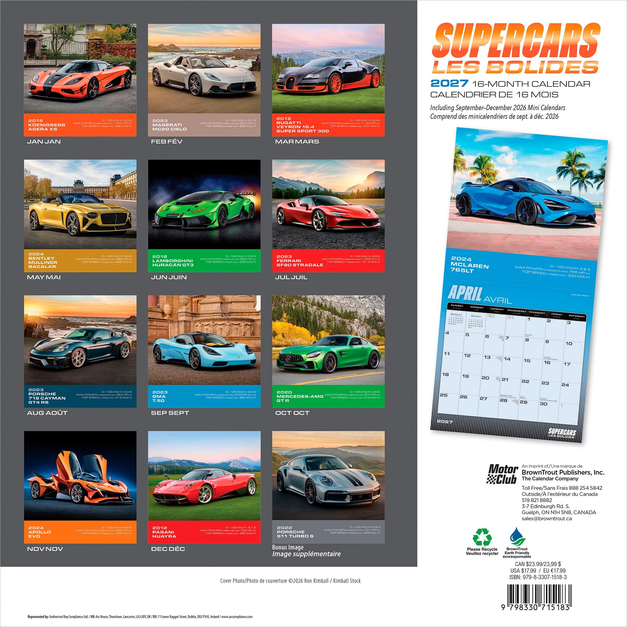 Supercars Les bolides 2027 Wall Calendar (French)