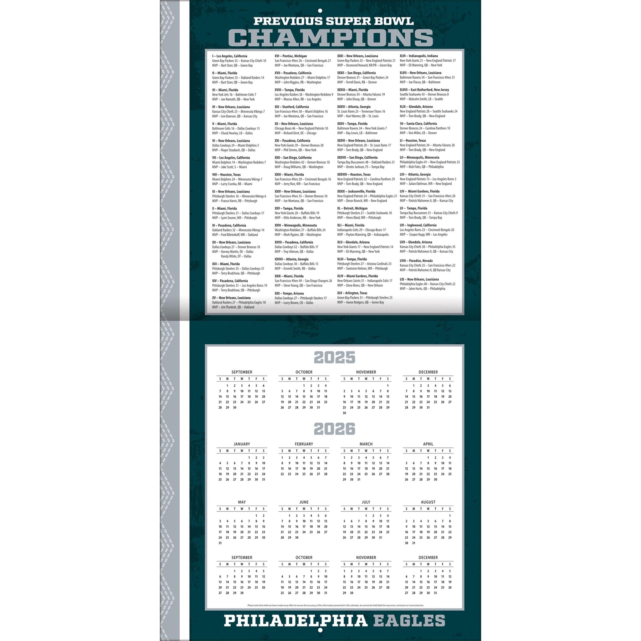 Calendrier mural NFL Philadelphia Eagles 2026