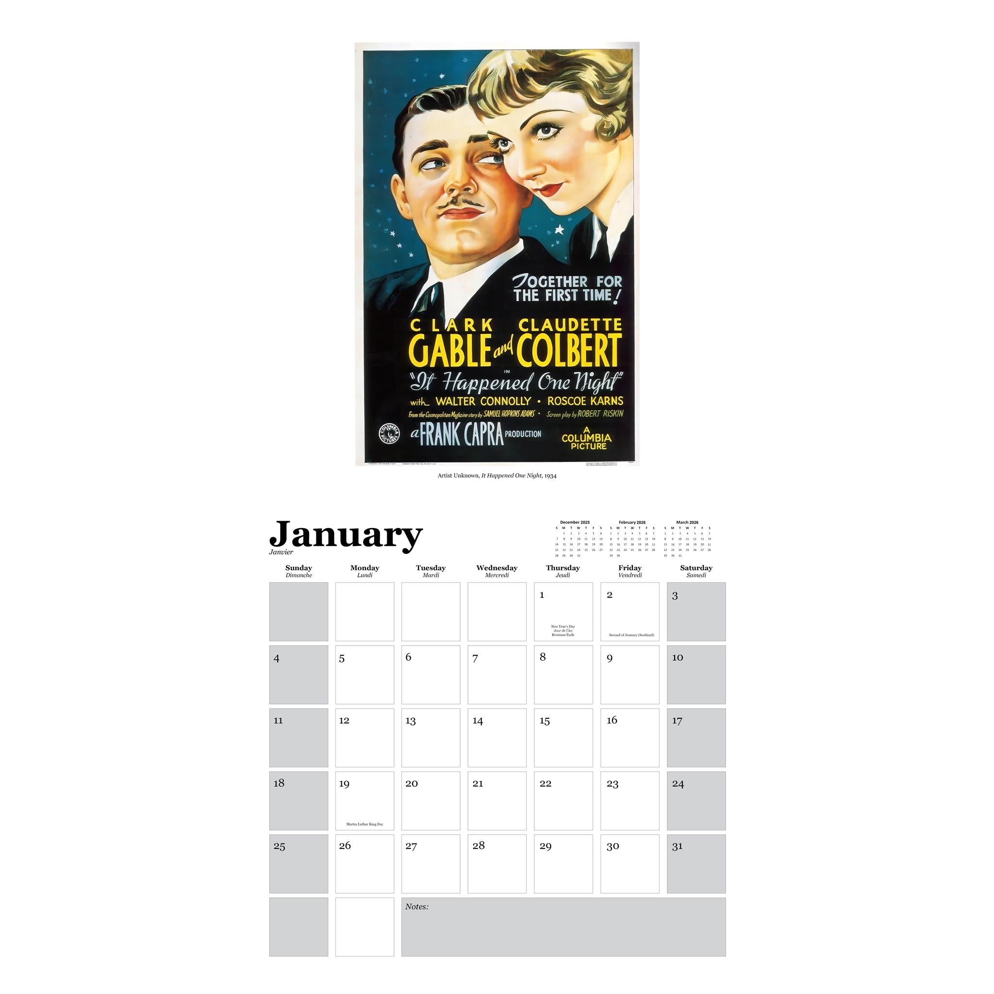 Calendrier mural 2026 avec affiches de films vintage - Disponible uniquement en ligne