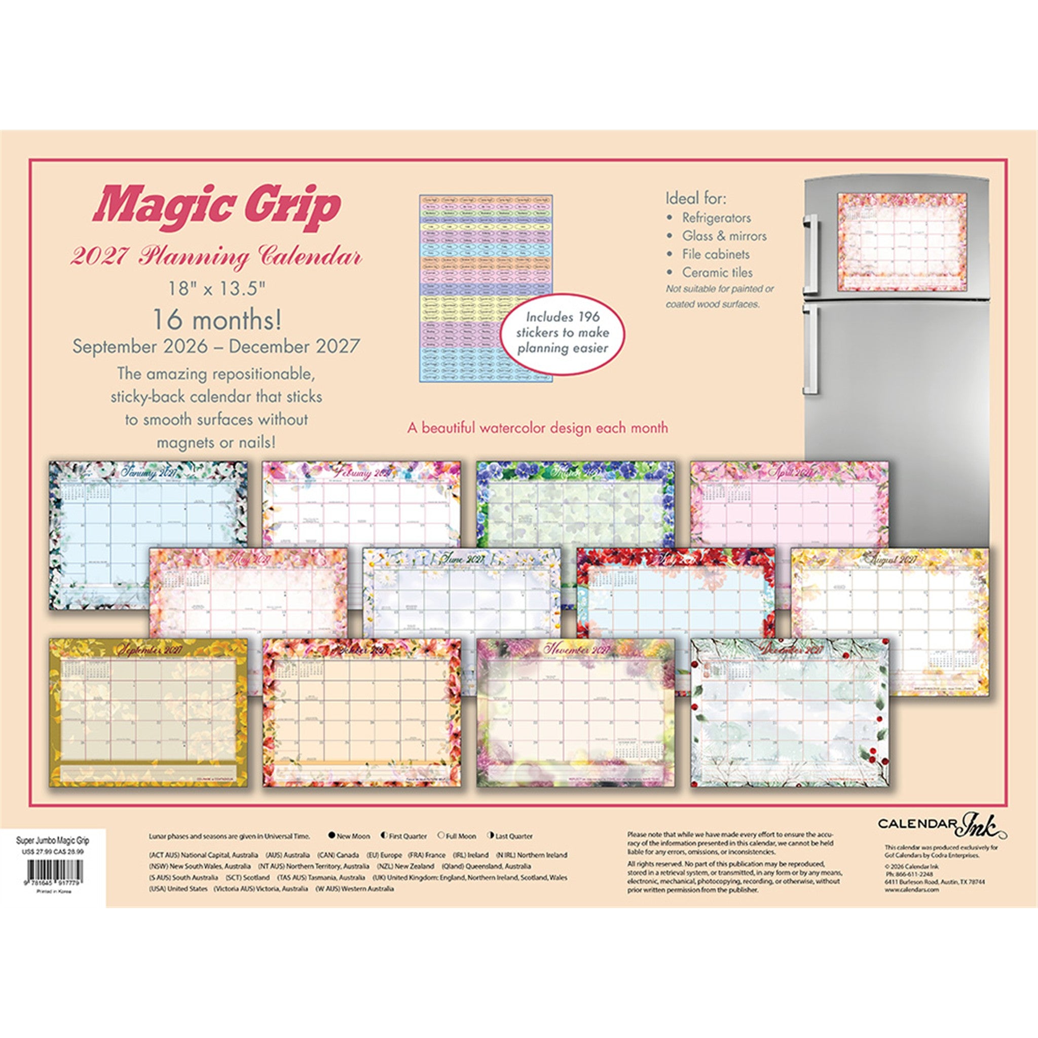 Watercolour Super Jumbo Magic Grip Exclusive 2026-2027 Wall Calendar