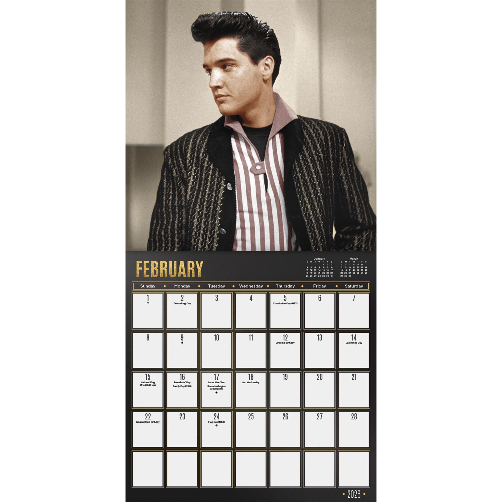Calendrier mural de luxe exclusif Elvis Presley avec impression 2026