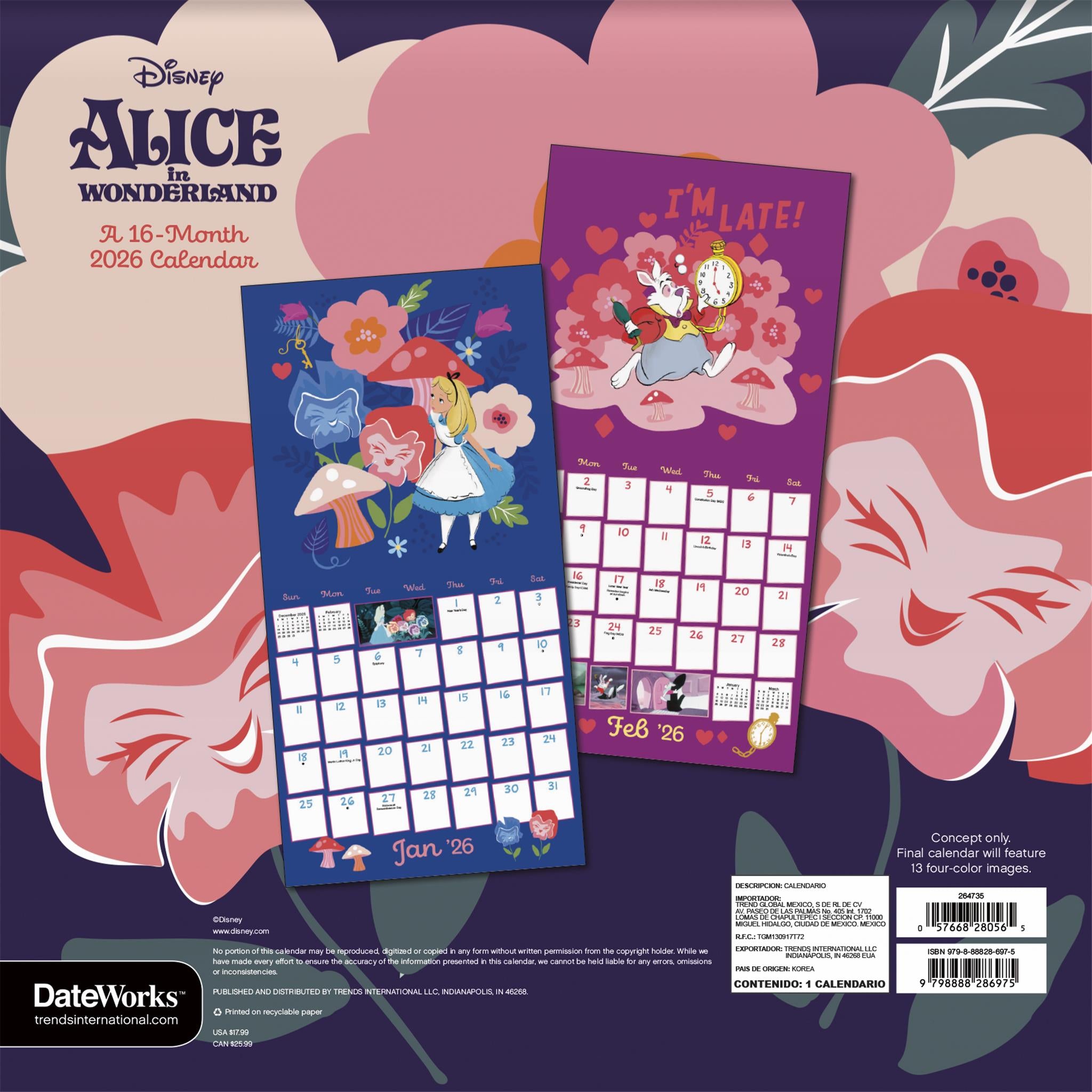 Calendrier mural Alice au pays des merveilles 2026 - Disponible uniquement en ligne
