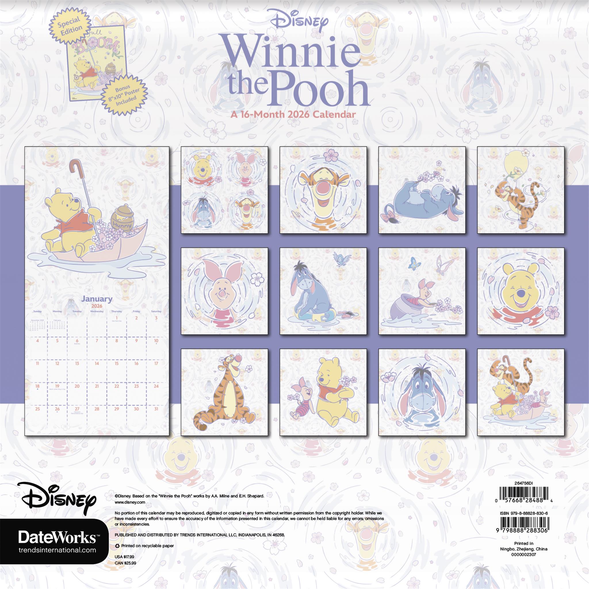 Calendrier mural de luxe exclusif Winnie l'Ourson avec impression 2026