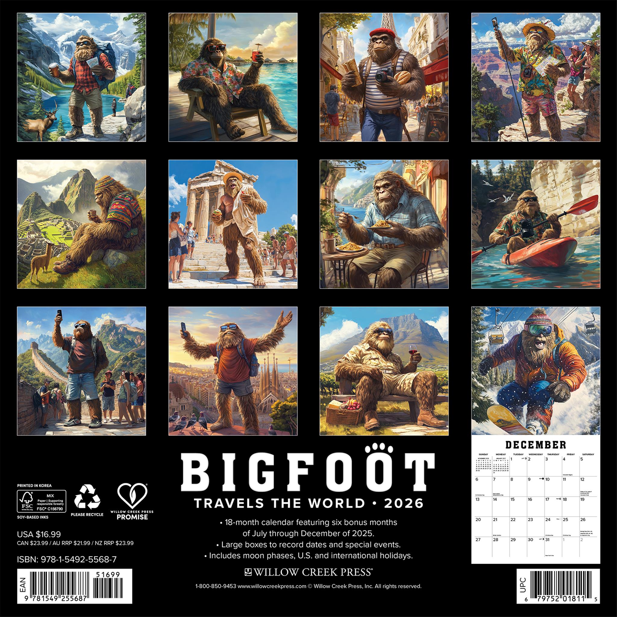 Calendrier mural Bigfoot voyageant autour du monde 2026 - Disponible uniquement en ligne