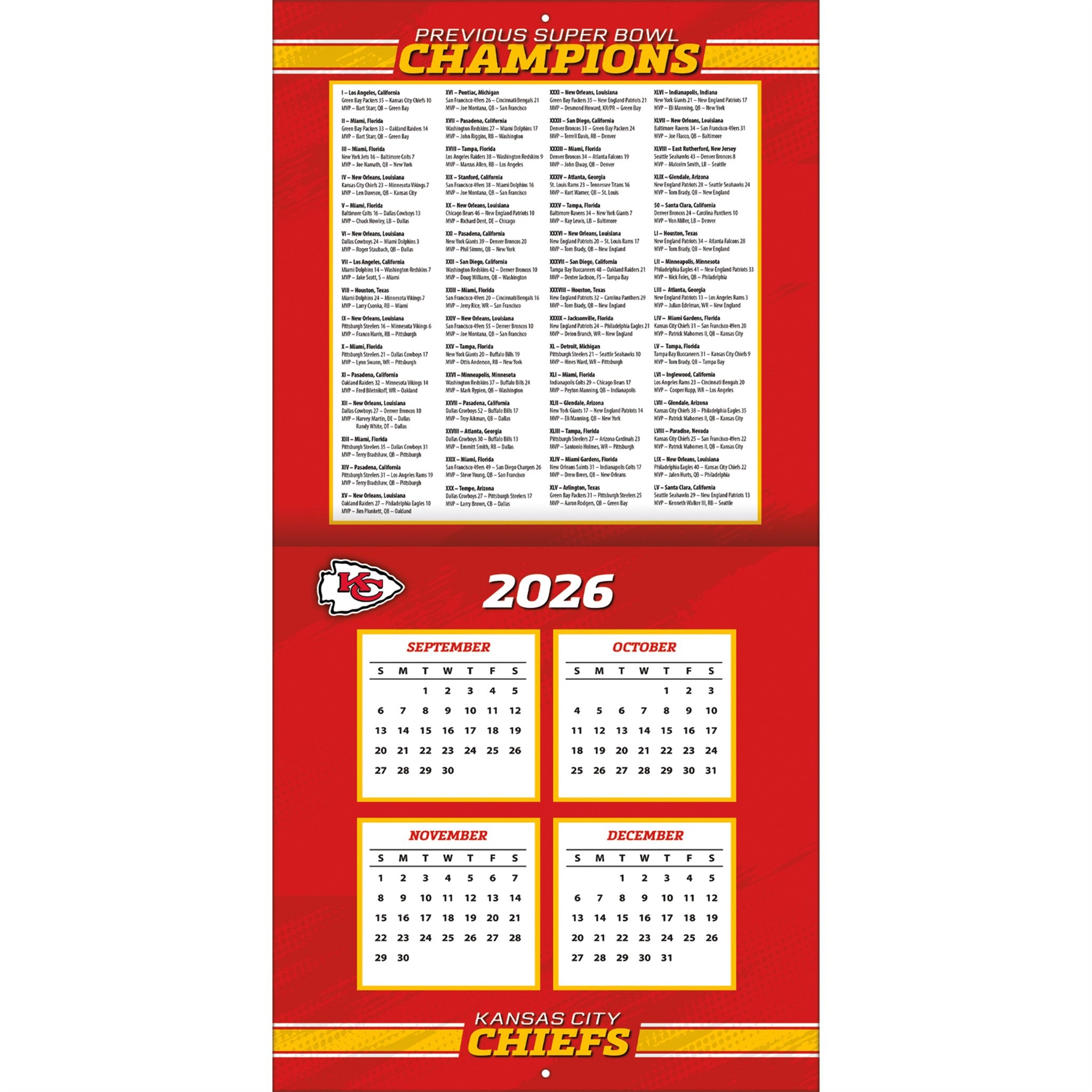 NFL Kansas City Chiefs 2027 Wall Calendar
