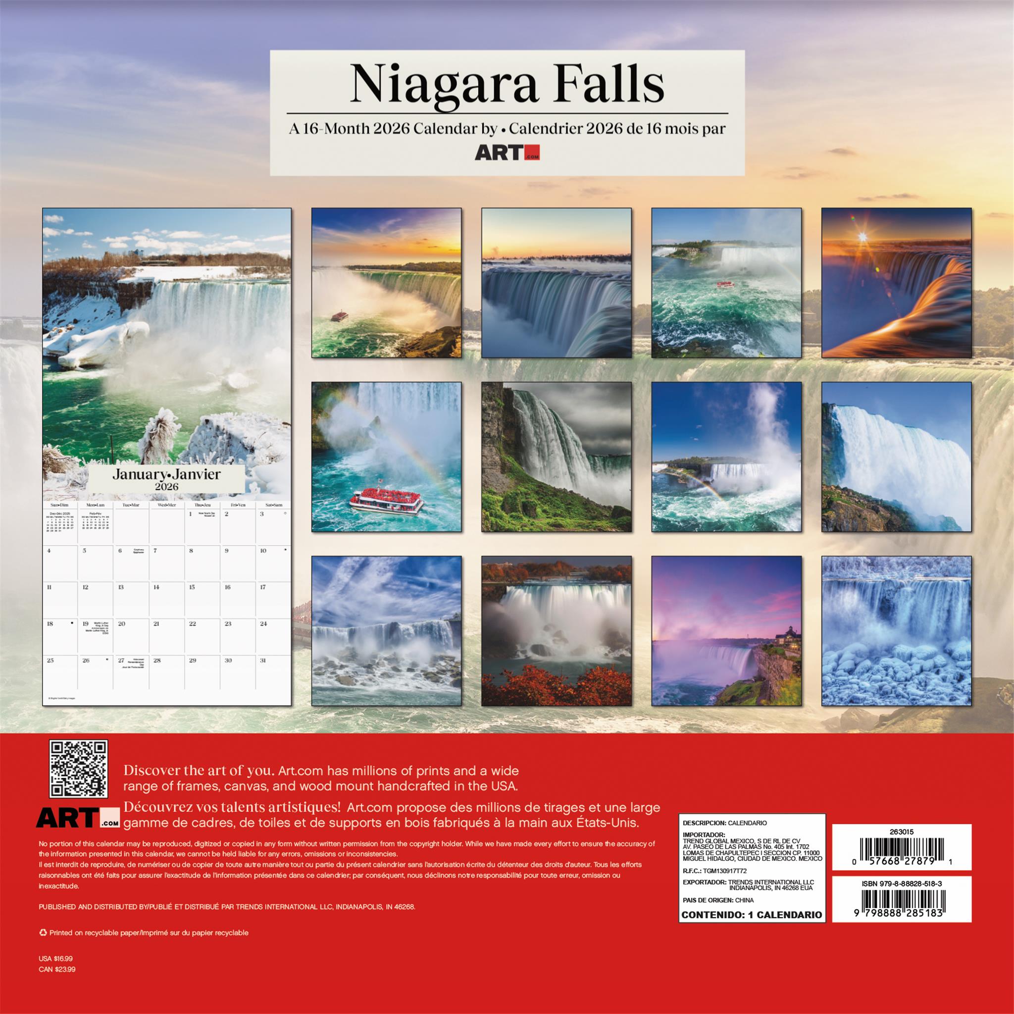 Calendrier mural bilingue des chutes du Niagara 2026