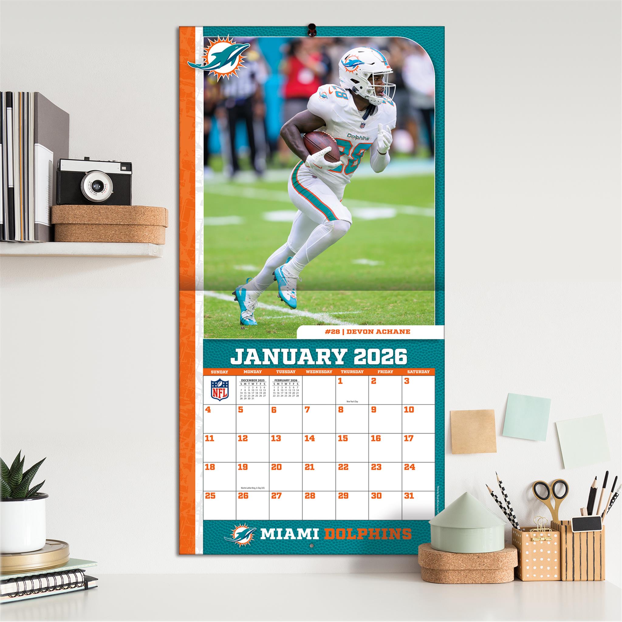 Calendrier mural NFL Miami Dolphins 2026 - Disponible uniquement en ligne