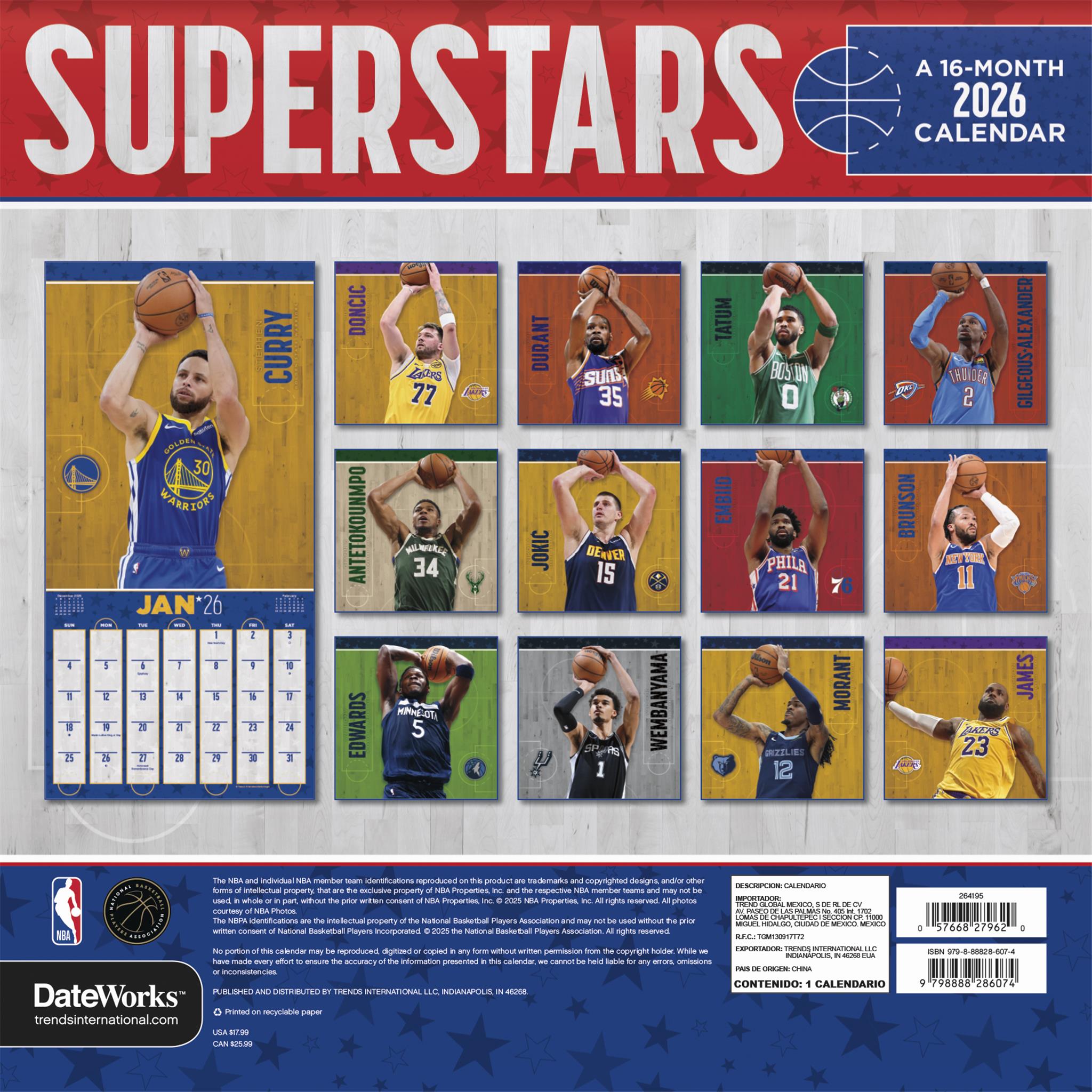 Calendrier mural des superstars de la NBA 2026