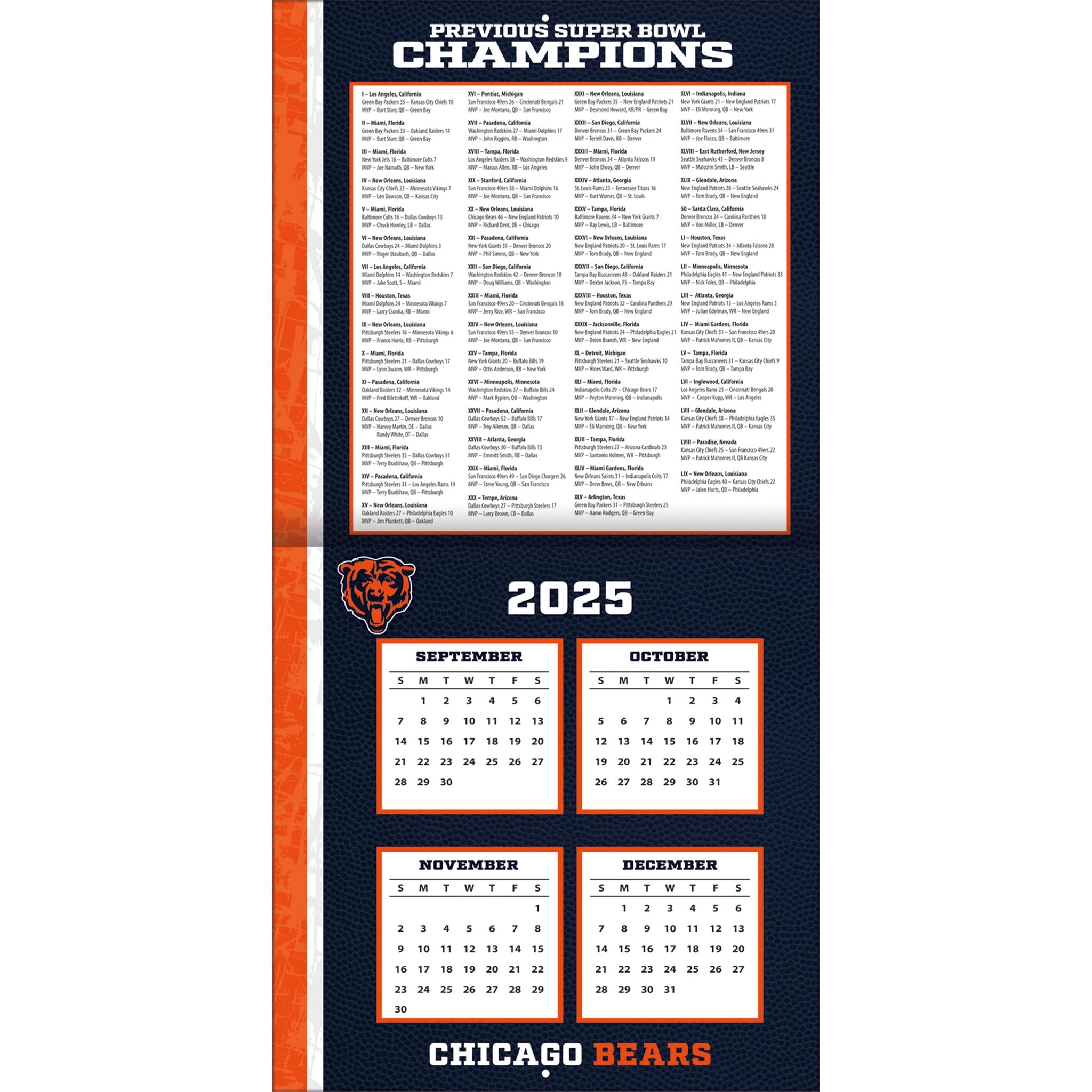 Calendrier mural NFL Chicago Bears 2026 - Disponible uniquement en ligne