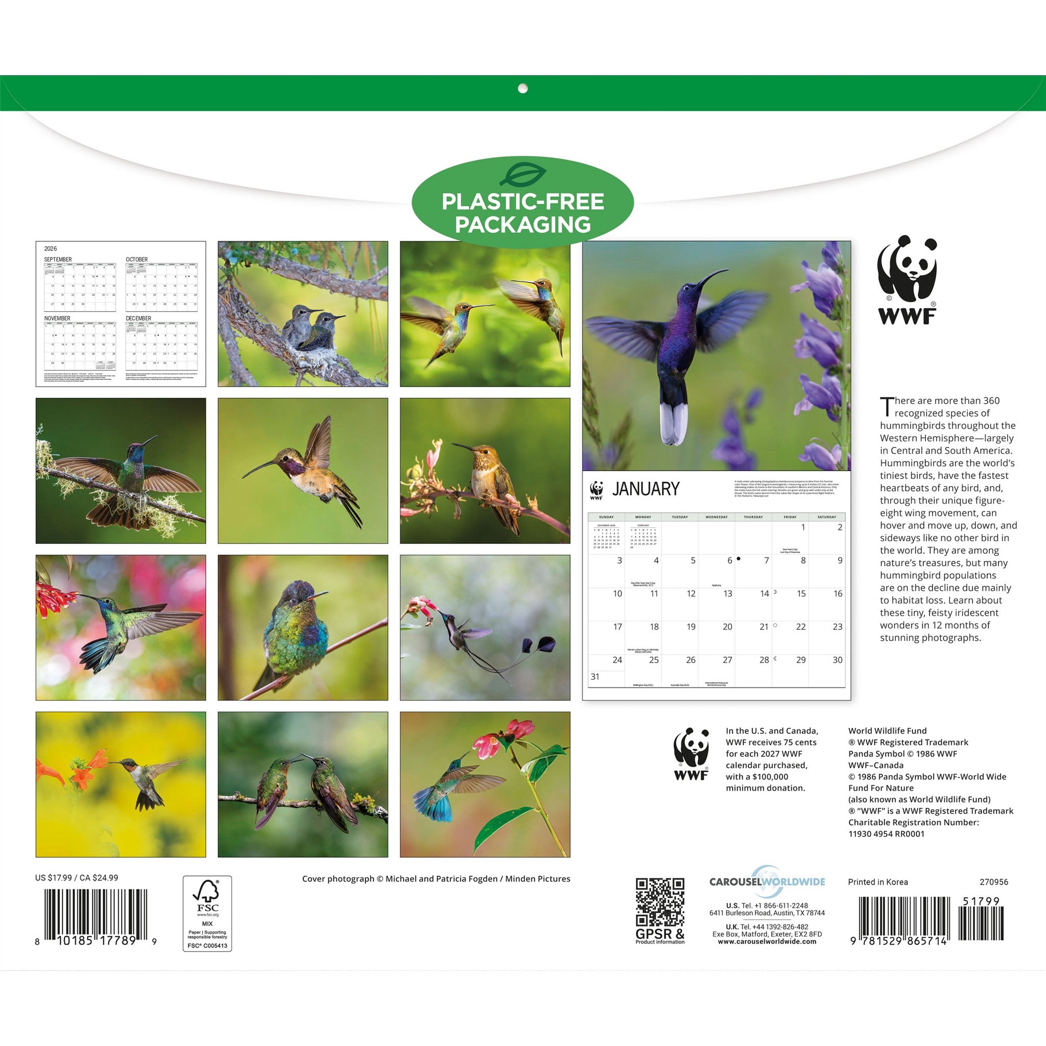 Calendrier mural 2027 Colibris du Fonds mondial pour la nature