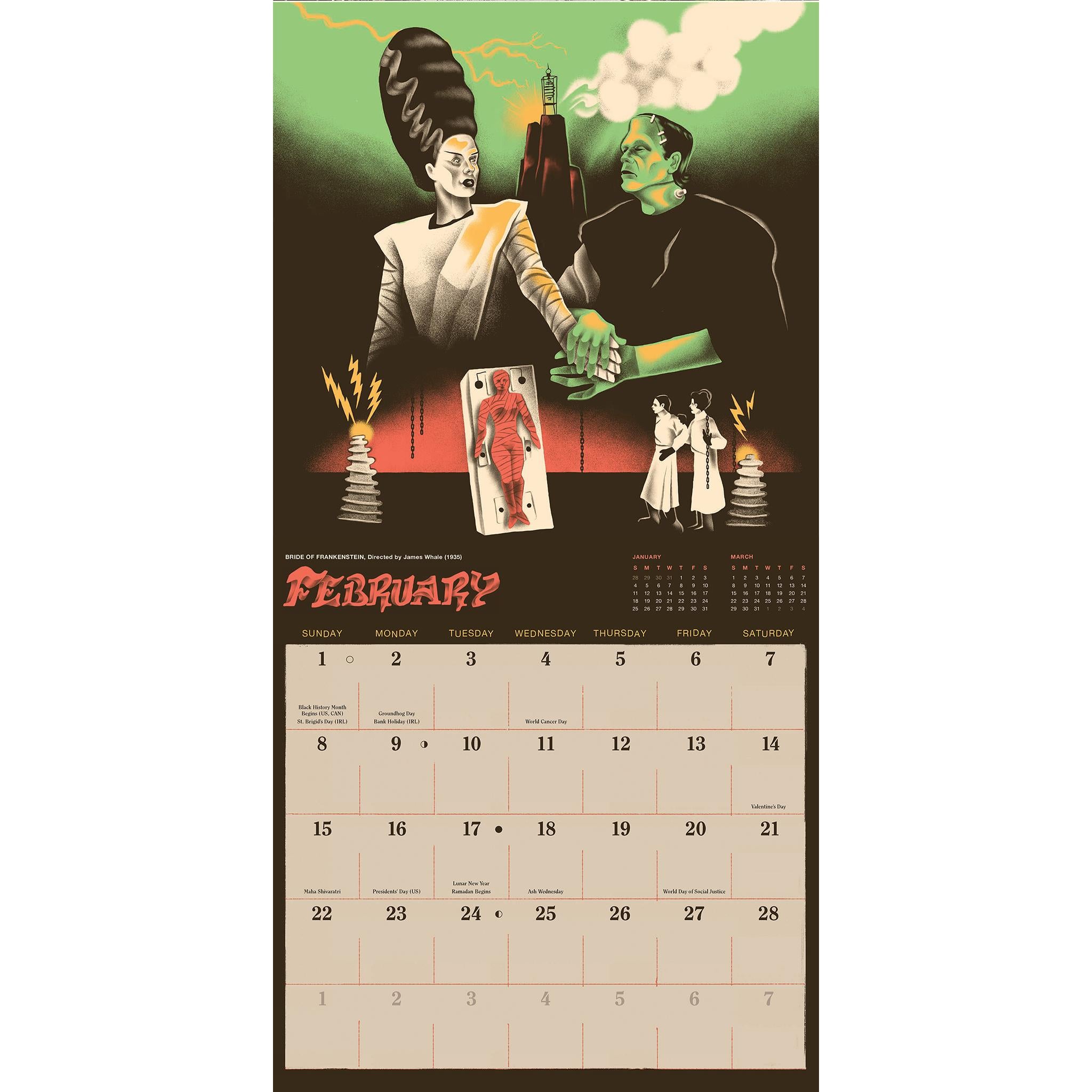 Calendrier mural 2026 des films d'horreur classiques - Disponible uniquement en ligne