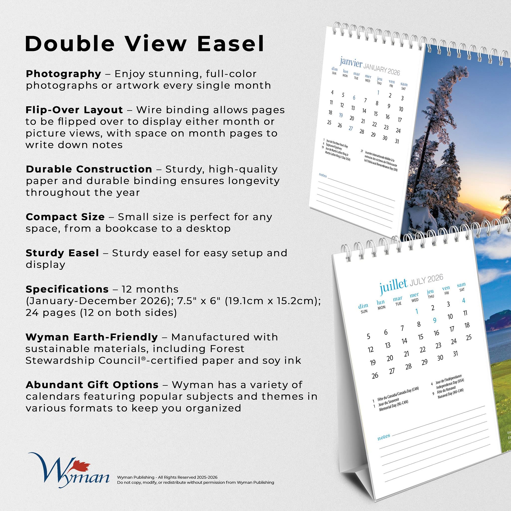 Calendrier chevalet double vue Québec 2026 (français)