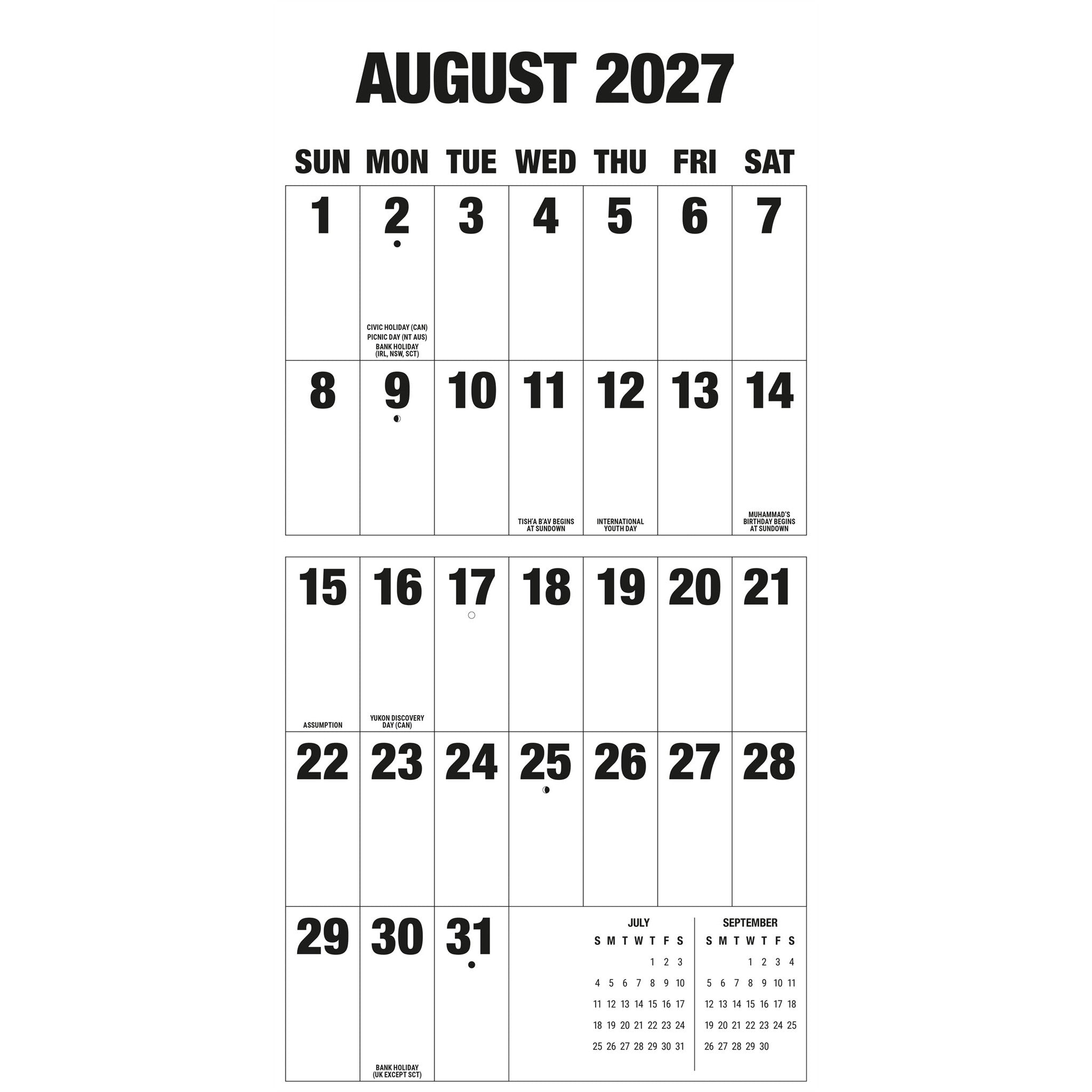 Grand calendrier mural 2027 à grandes lettres et grands chiffres
