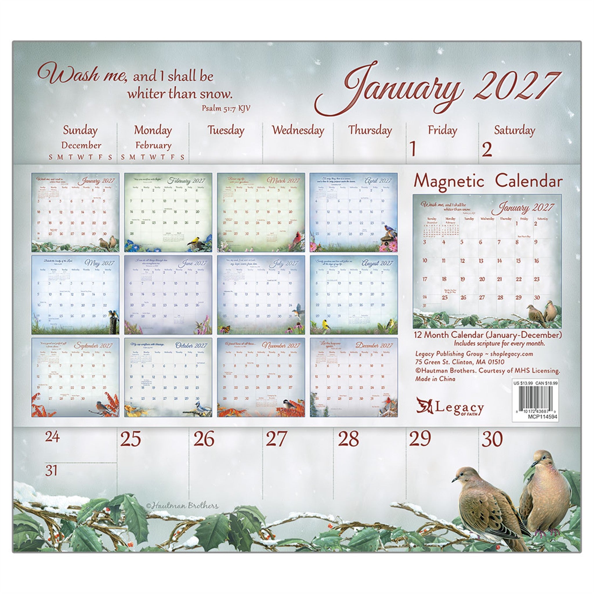 Mini-calendrier magnétique 2027 Les oiseaux chanteurs de la foi