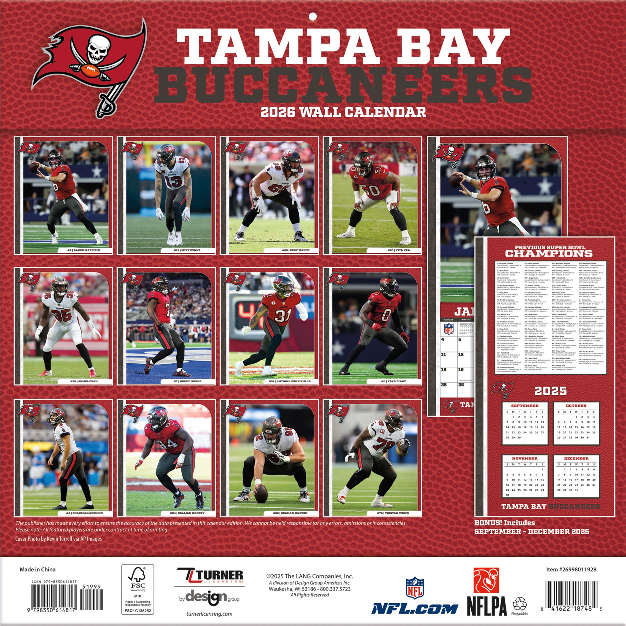 Calendrier mural 2026 des Buccaneers de Tampa Bay (NFL) - Disponible uniquement en ligne