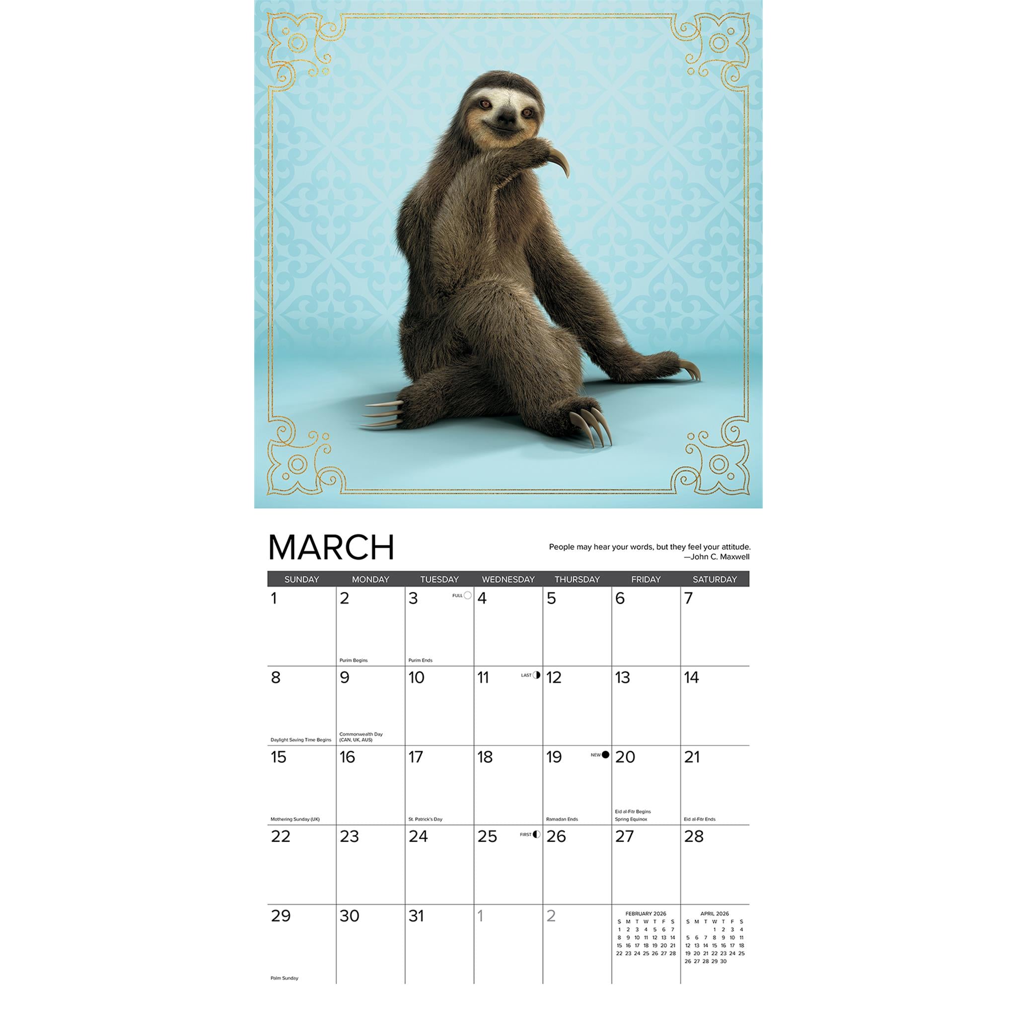Sloth Yoga 2026 Wall Calendar