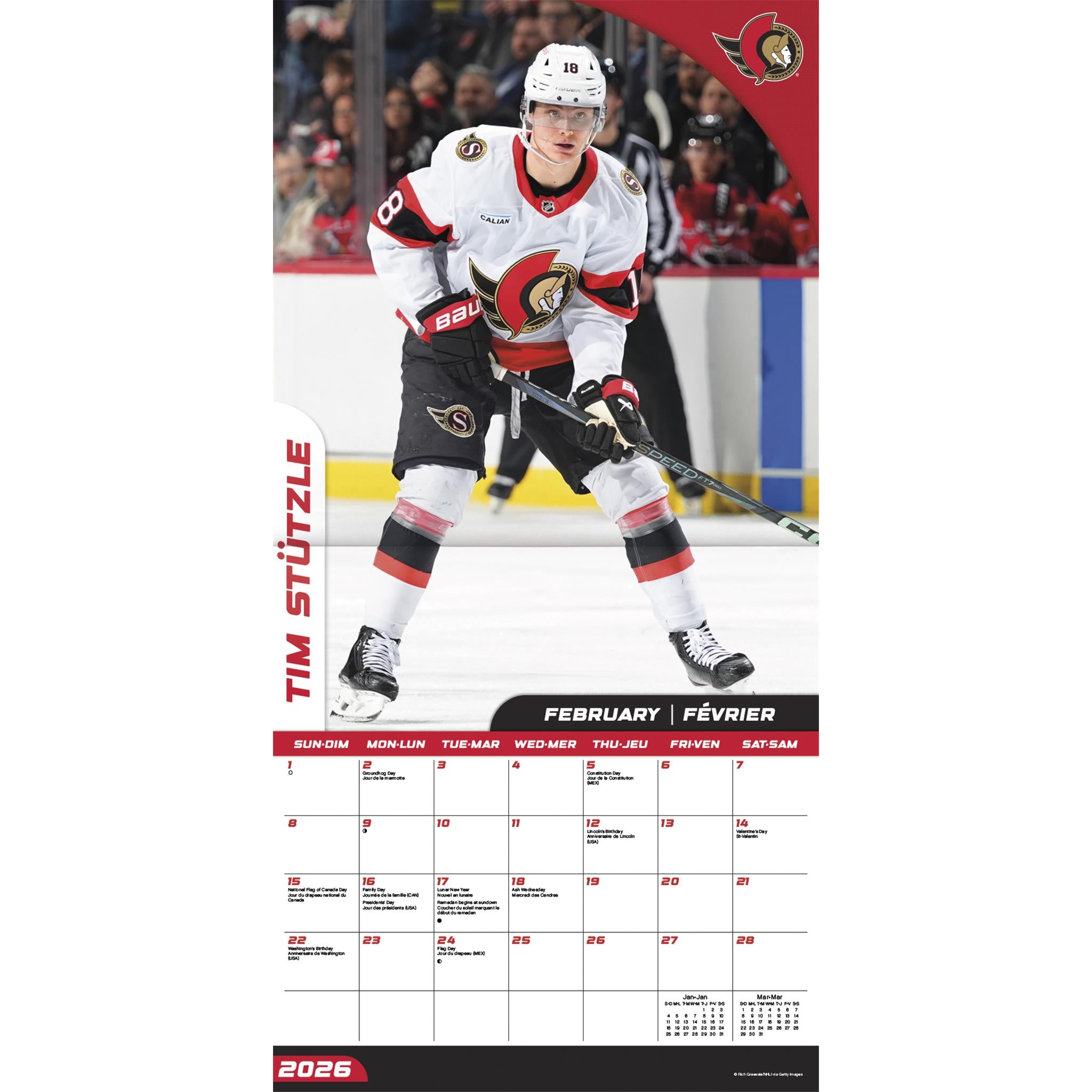 NHL Ottawa Senators Bilingual 2026 Wall Calendar