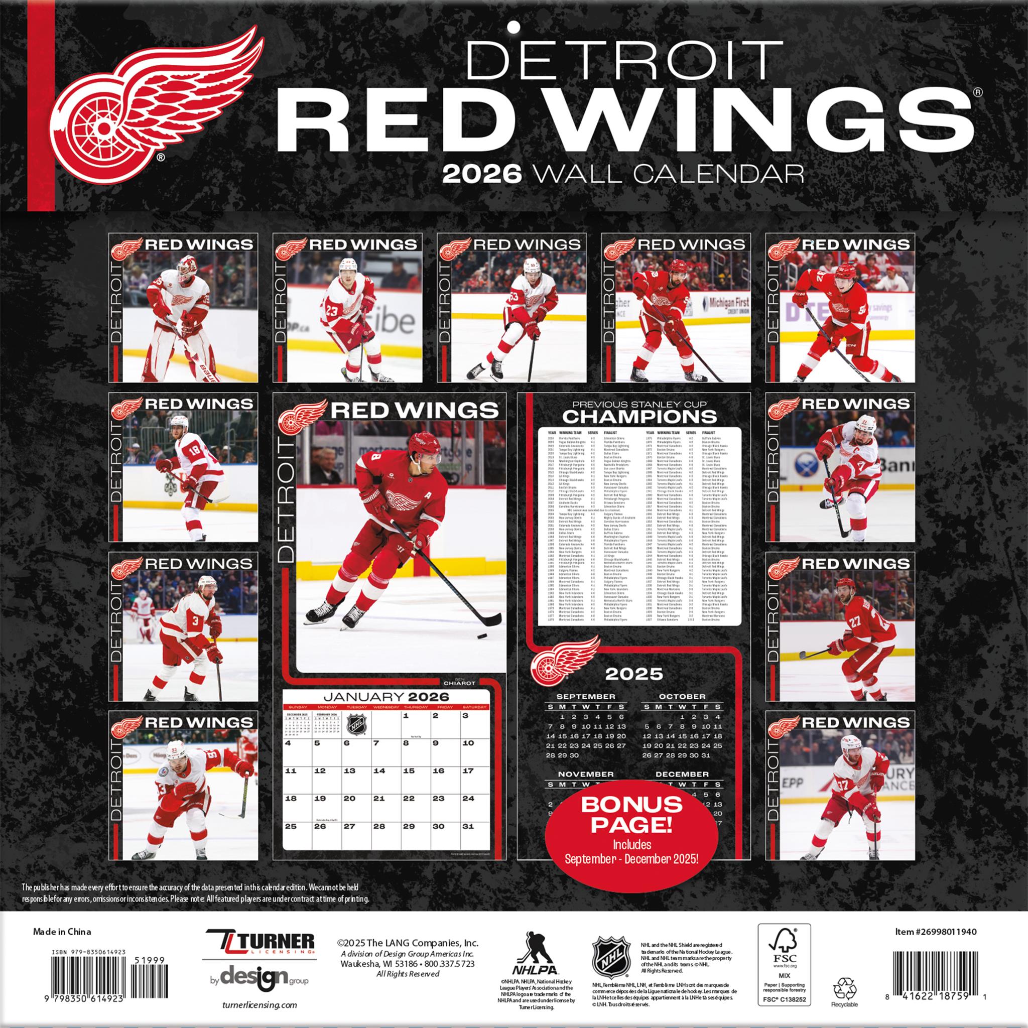 Calendrier mural 2026 des Red Wings de Détroit (NHL)
