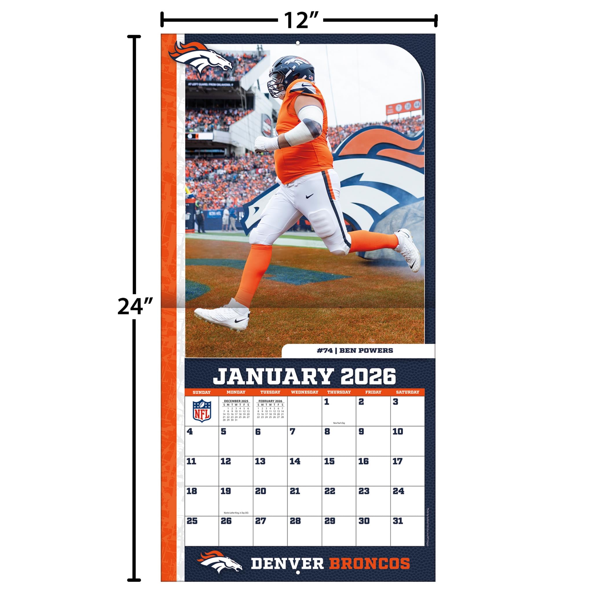 Calendrier mural NFL Denver Broncos 2026 - Disponible uniquement en ligne