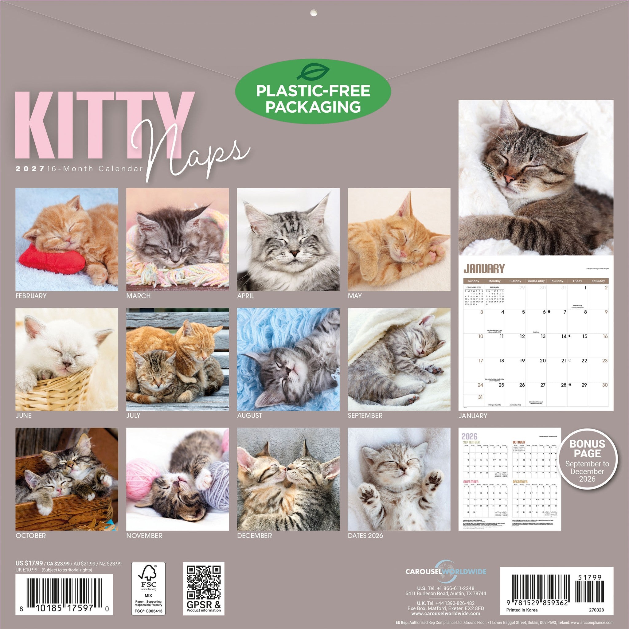 Calendrier mural 2027 : Siestes de chatons