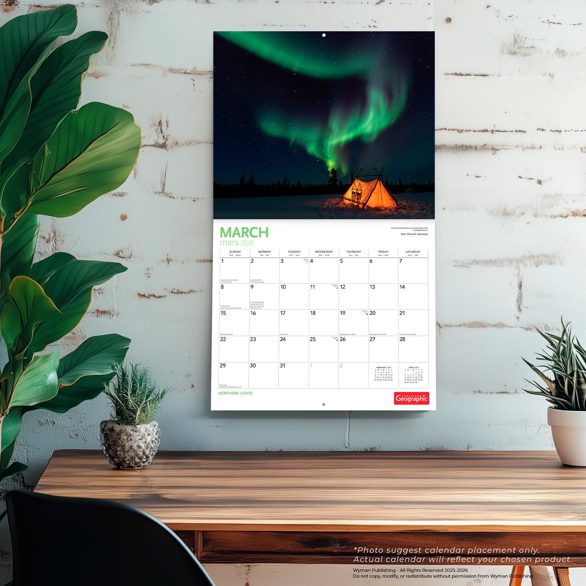 Canadian Geographic Northern Lights 2026 Wall Calendar