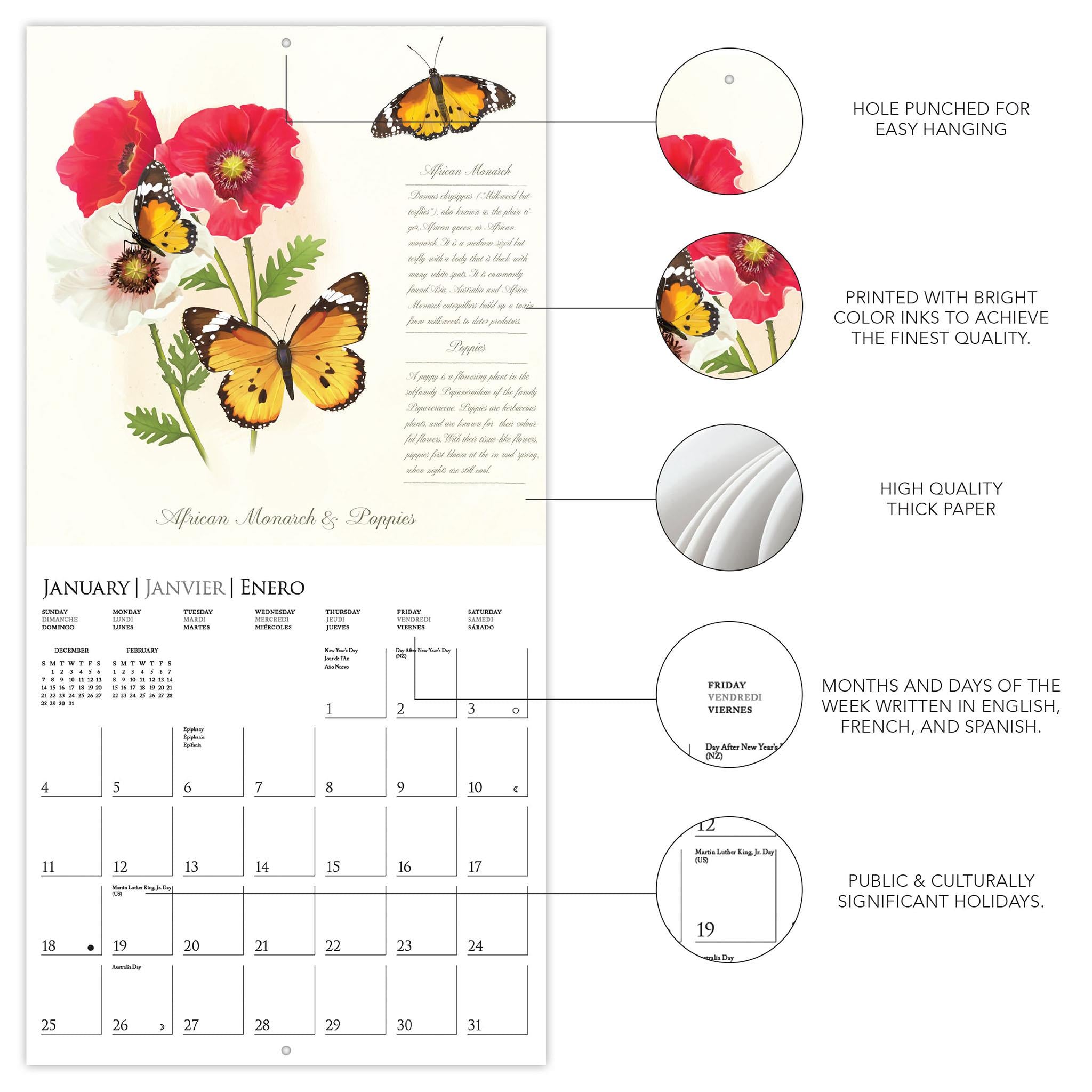 Calendrier mural Papillons 2026 - Disponible uniquement en ligne