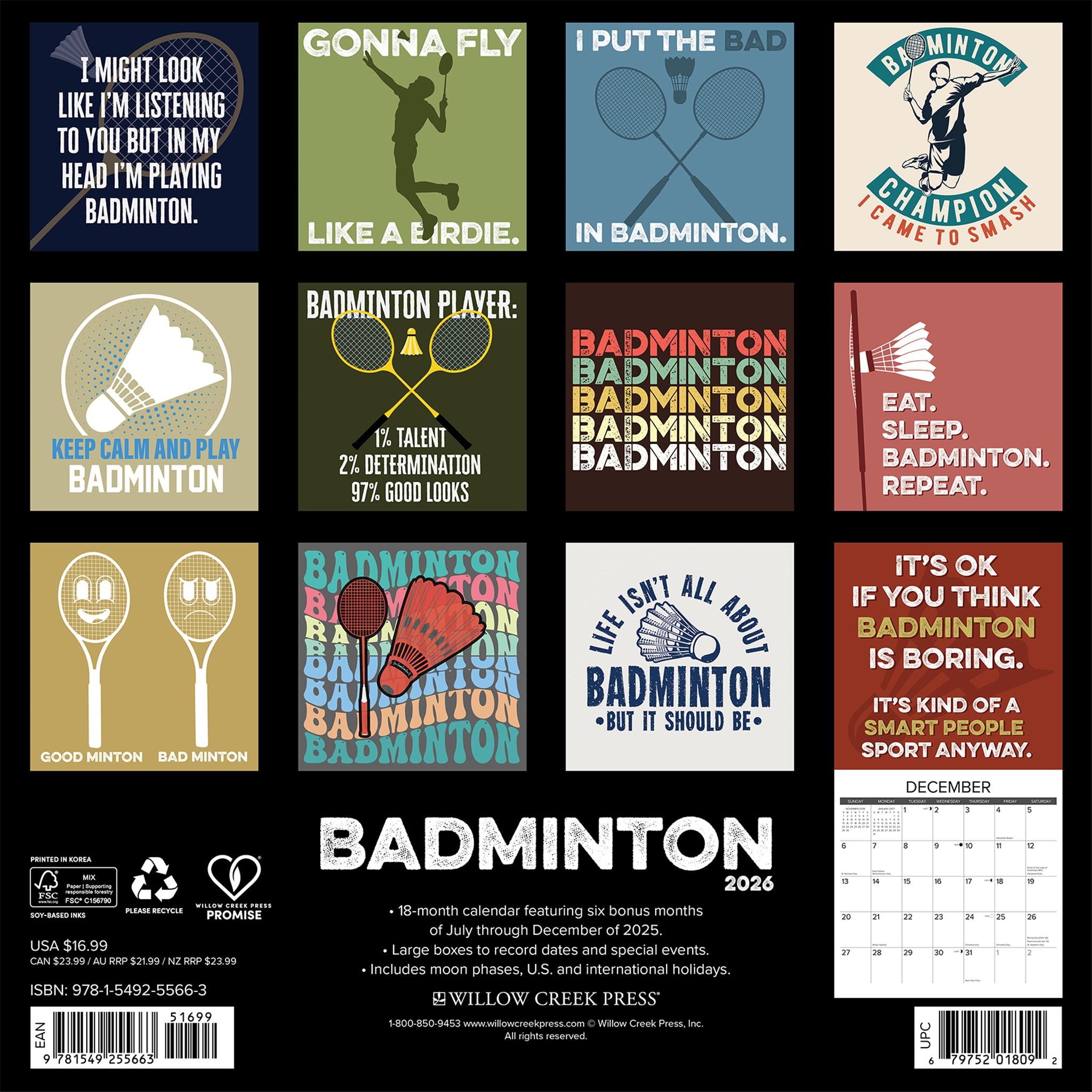 Calendrier mural de badminton 2026 - Disponible uniquement en ligne