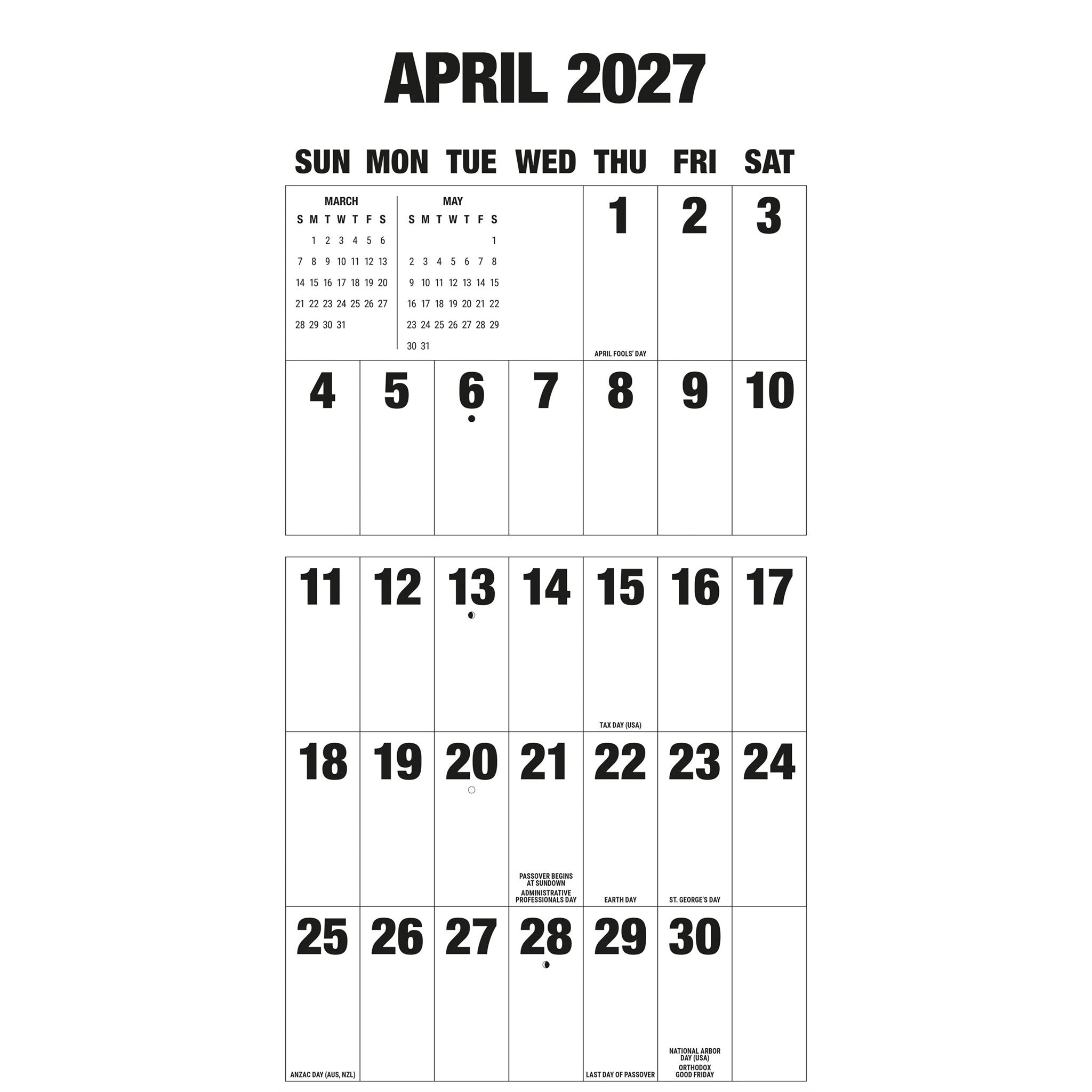 Grand calendrier mural 2027 à grandes lettres et grands chiffres