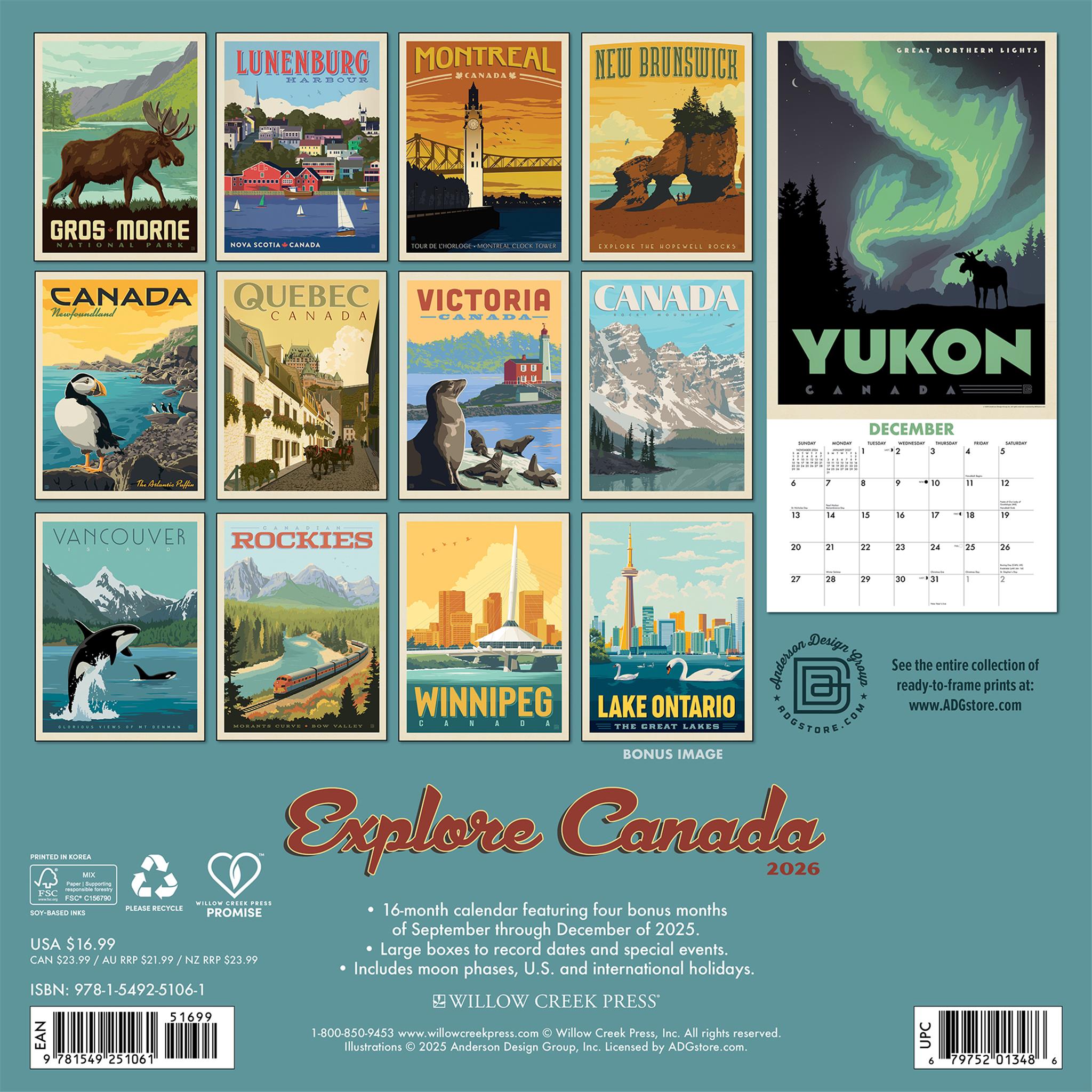 Calendrier mural des affiches de voyage Explore Canada 2026