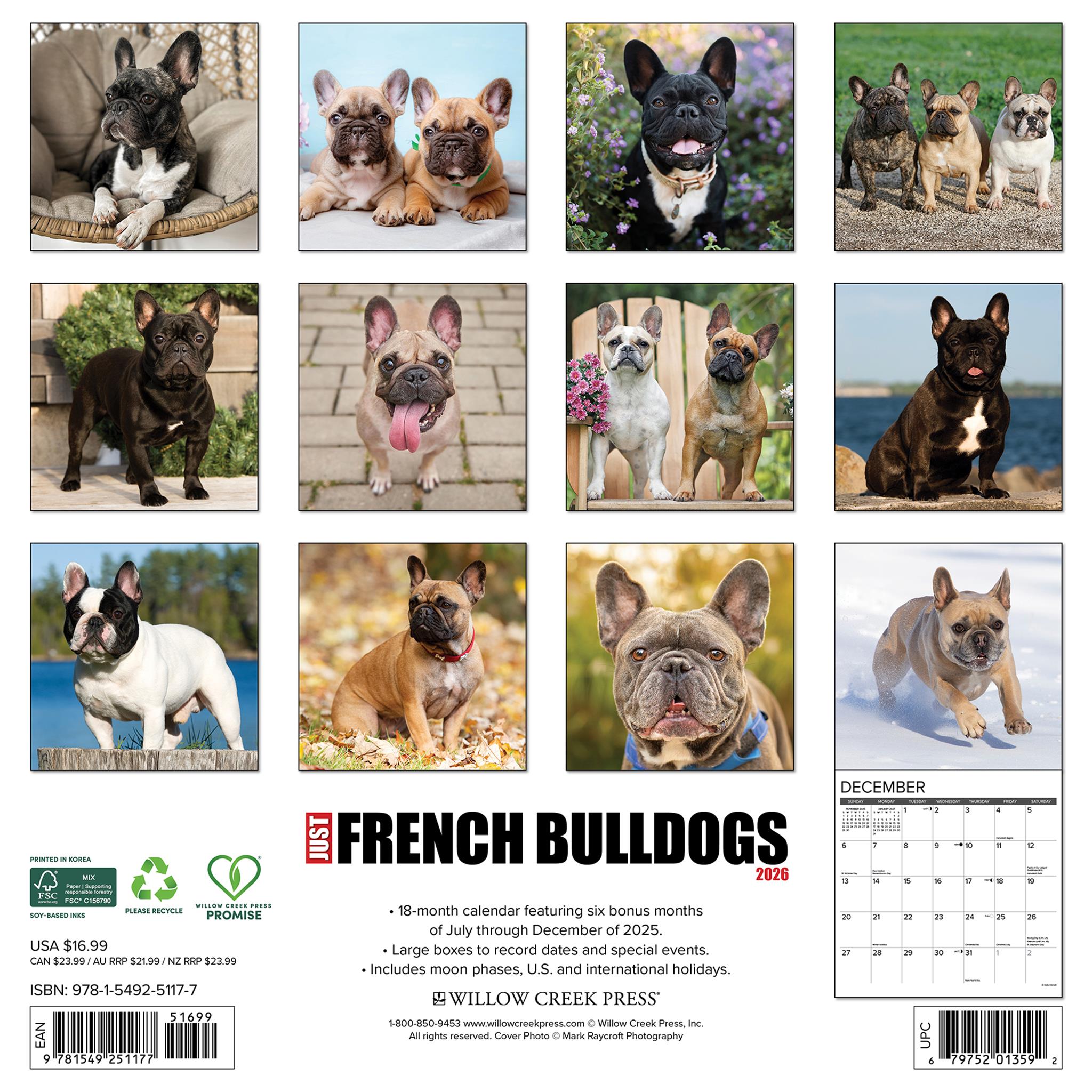 Calendrier mural 2026 « Just French Bulldogs »