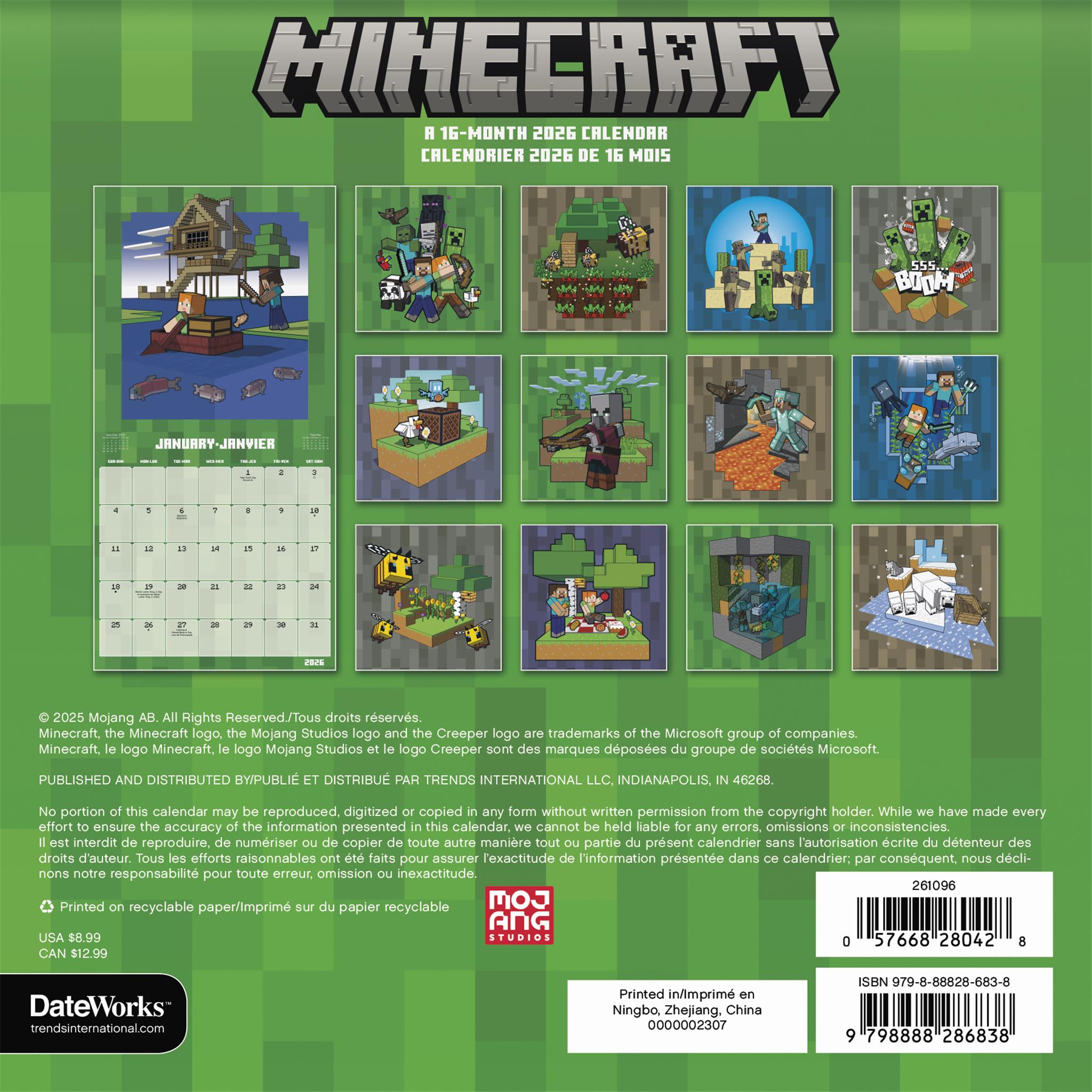 Mini-calendrier bilingue Minecraft 2026