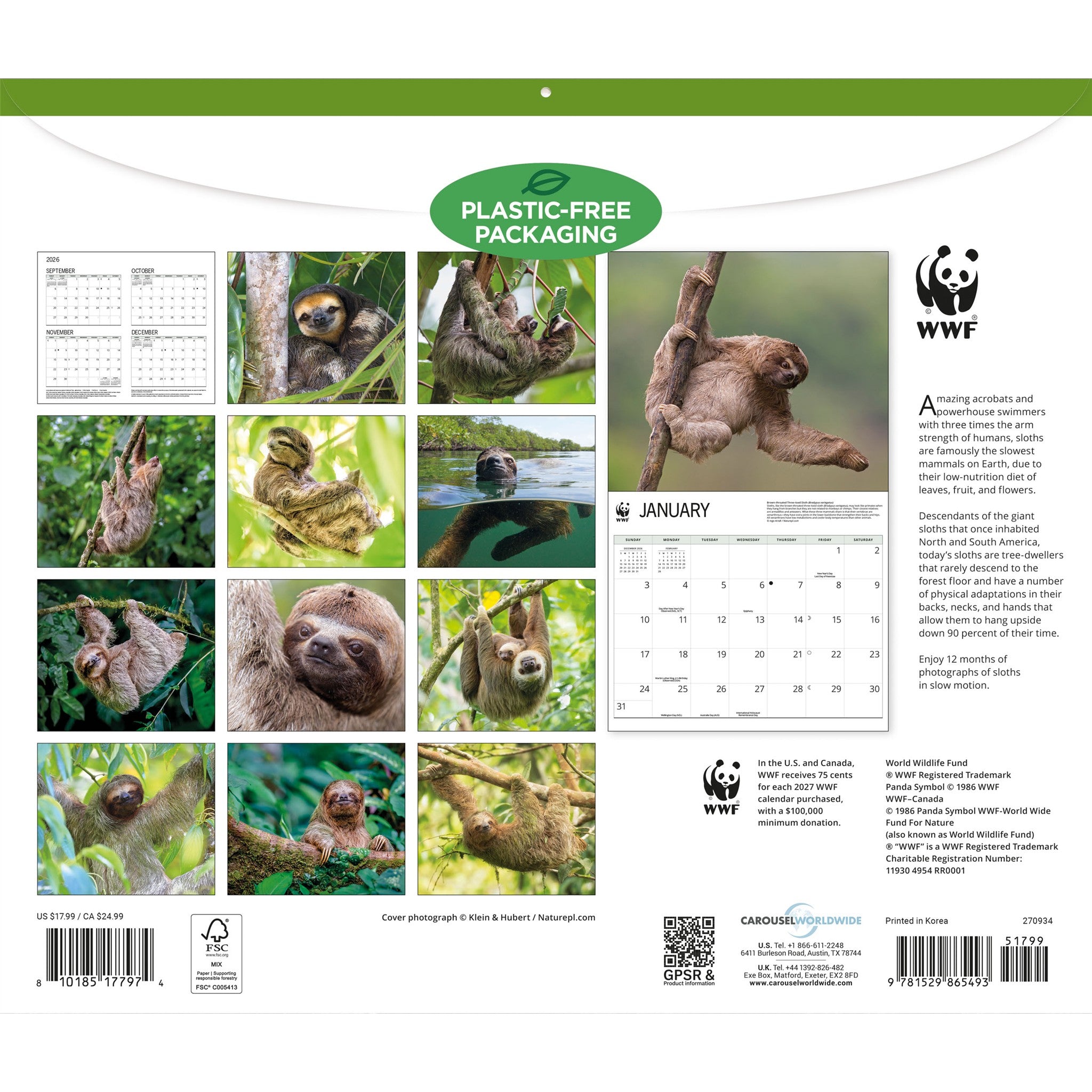 Calendrier Mural Paresseux 2027 du Fonds Mondial pour la Nature