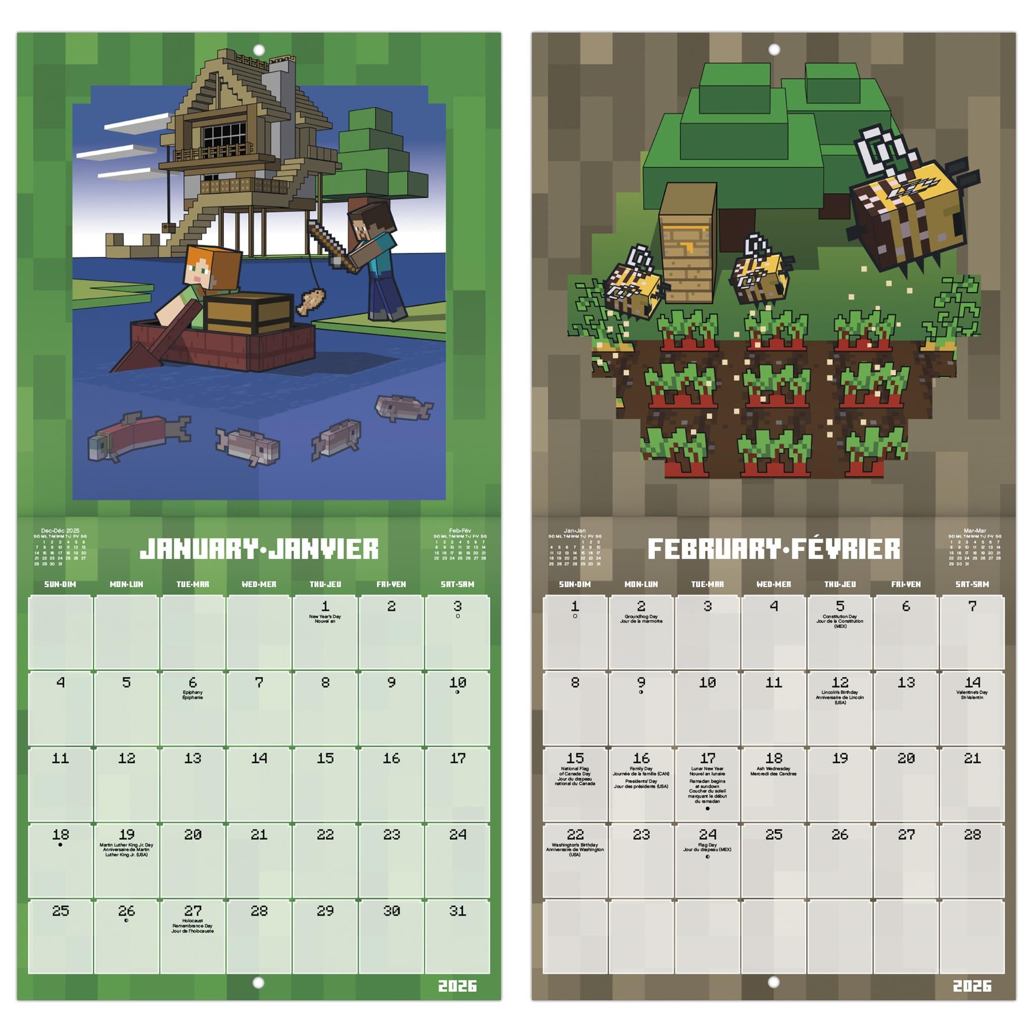 Mini-calendrier bilingue Minecraft 2026